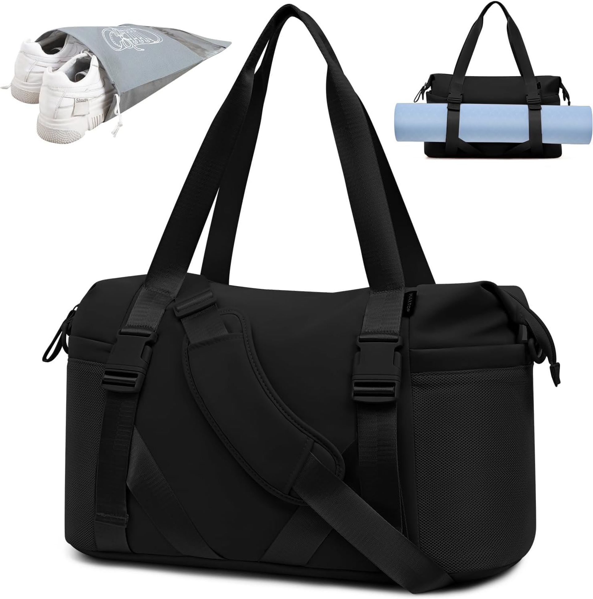 Foldable Travel Duffel Gym Bag with Wet Pocket & Shoe Compartment for Men & Women - Lightweight Black Carry-On for Sports & Overnight Trips