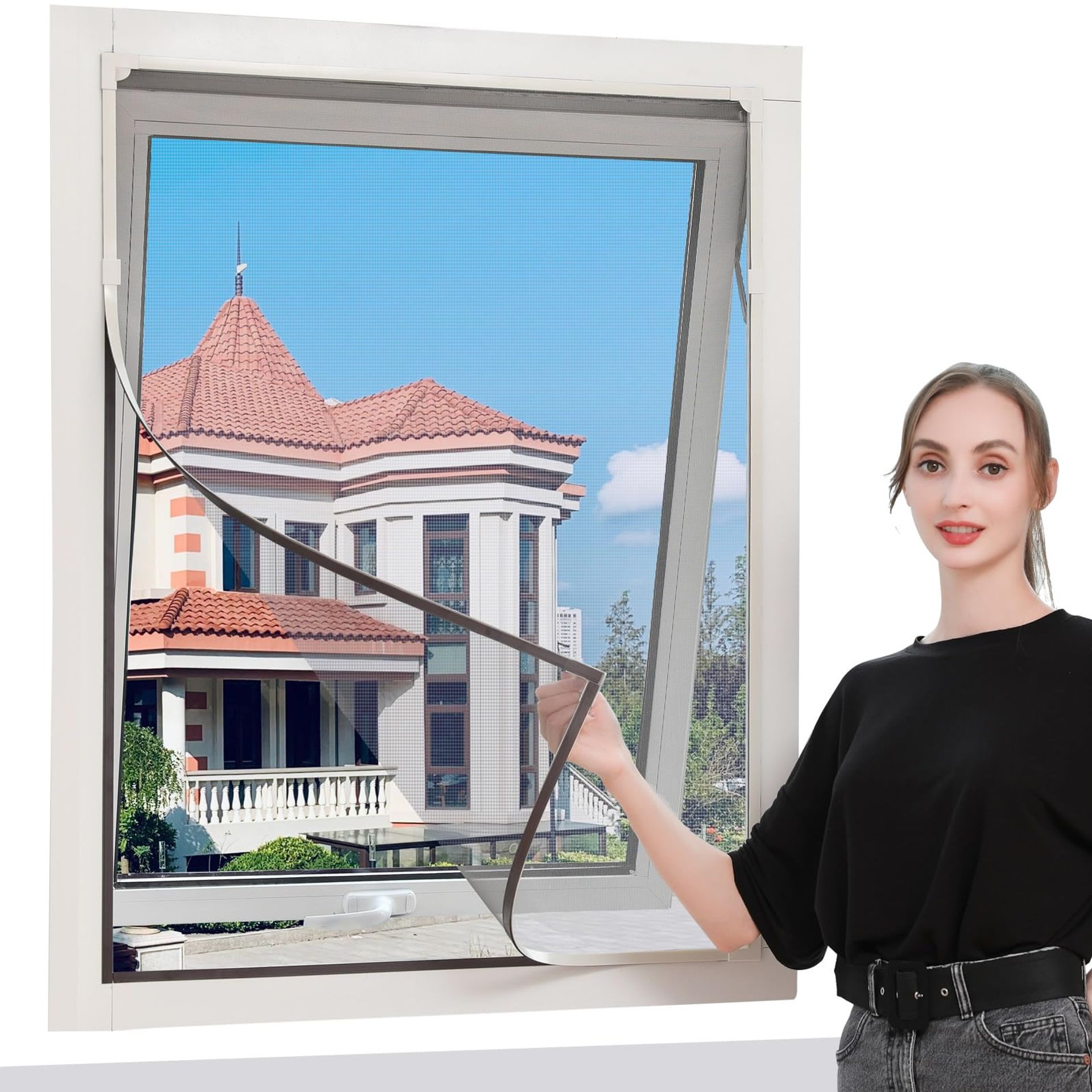 Magnetic Window Fly Screen DIY Insect Net Easy Install Adjustable Fit Any Window - White Frame With Black Mesh 142 x 89 cm