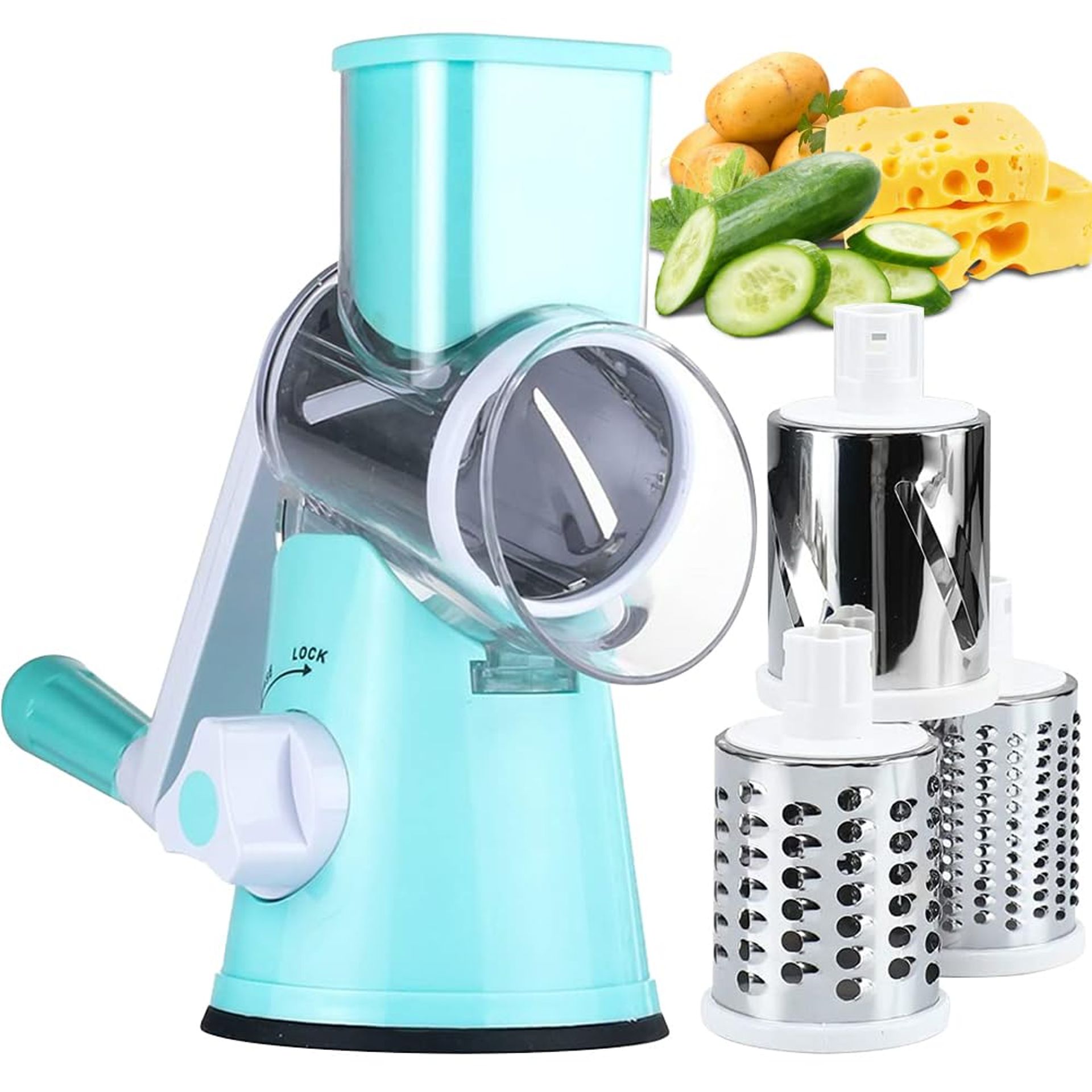 Rotary Cheese Grater Hand Crank Vegetable Slicer with 3 Interchangeable Stainless Steel Drum Blades - Light Blue
