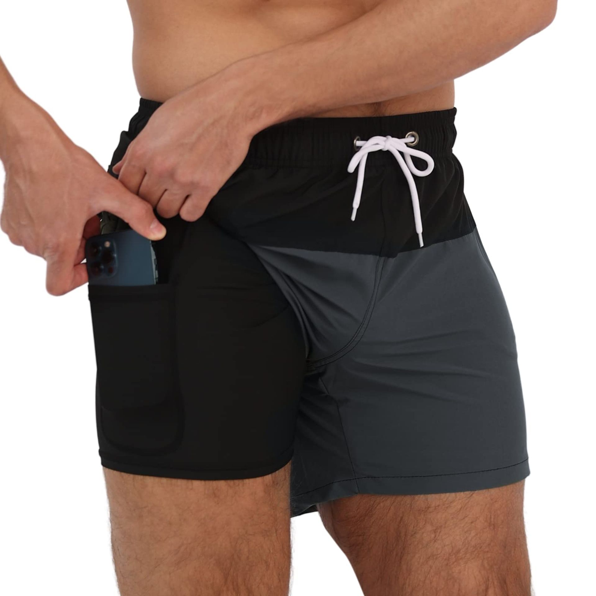 Men's Swim Trunks 2-in-1 Quick Dry Shorts with Compression Liner and Zipper Pockets - Black+Grey XXL