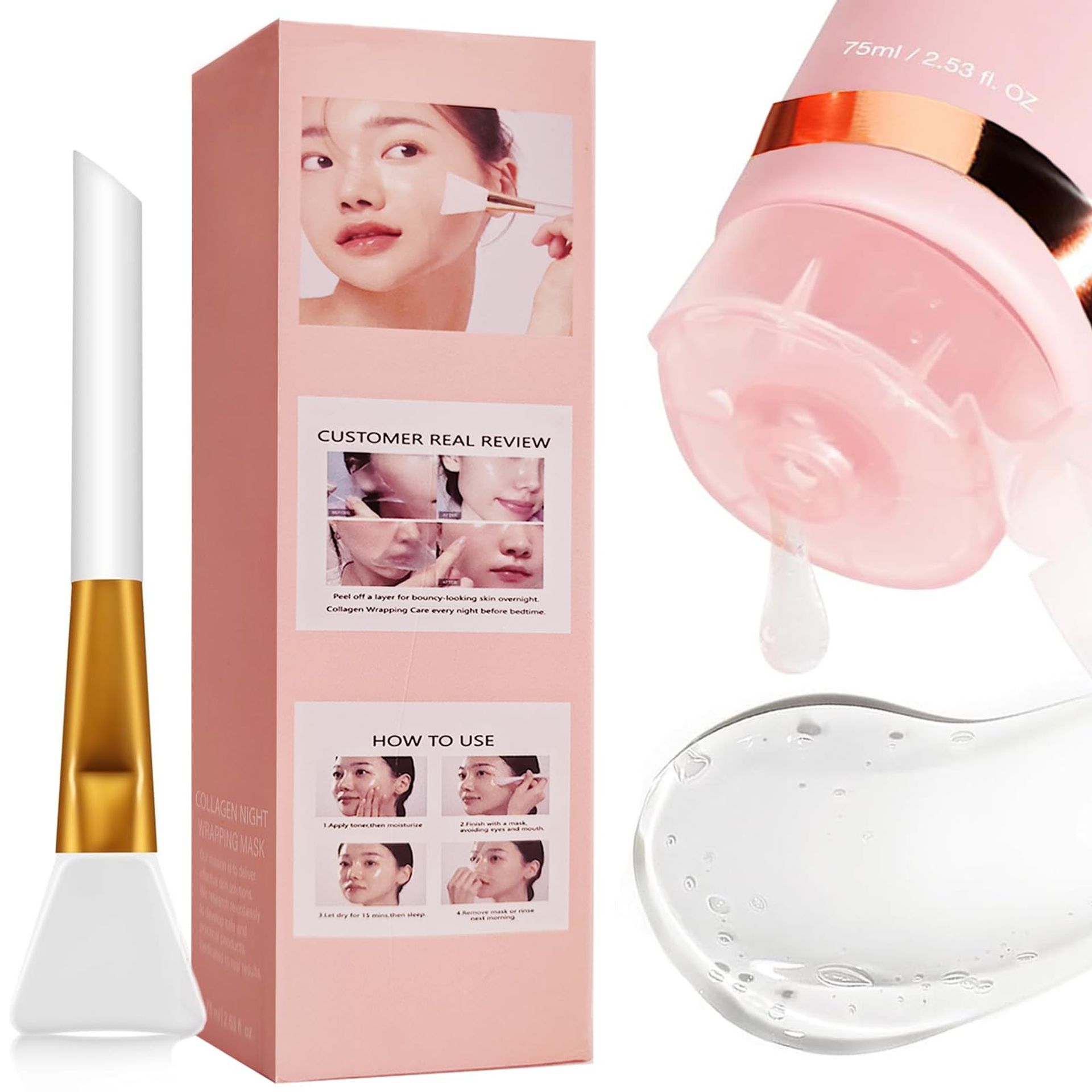 Collagen Night Wrapping Mask - 75ml with Brush, Moisture & Elasticity Boost for Glowing Skin - Valentines - Valentines