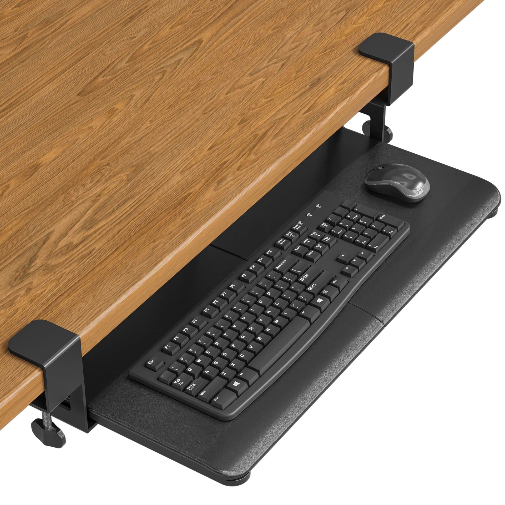 Under Desk Keyboard Tray with Sliding Drawer & C-Clamps, 650x300mm Space-Saving Ergonomic Shelf for Home Office