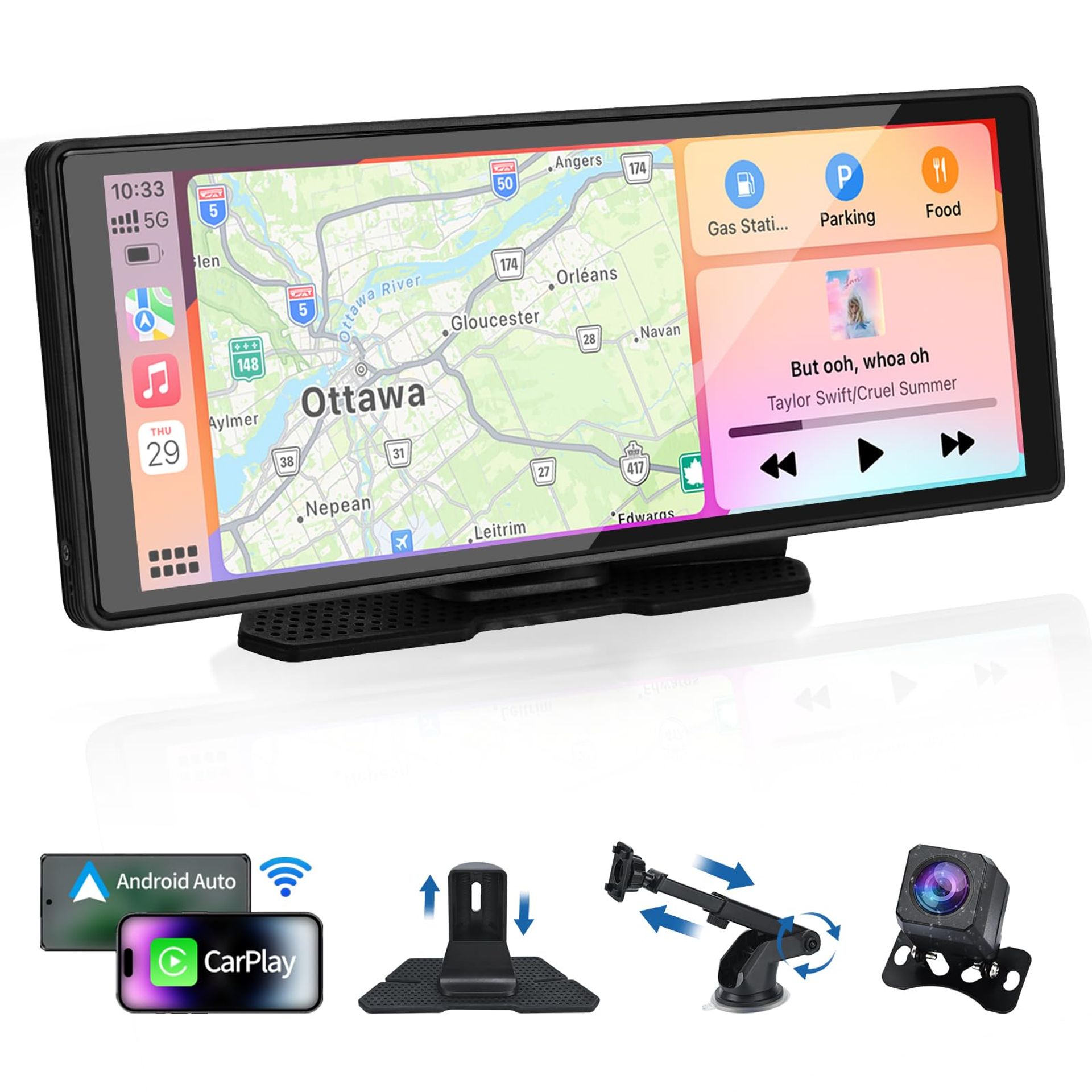 Wireless Car Stereo 10.26'' Screen with CarPlay Android Auto 1080P Backup Camera Bluetooth FM Mirror Link - Black 10.26