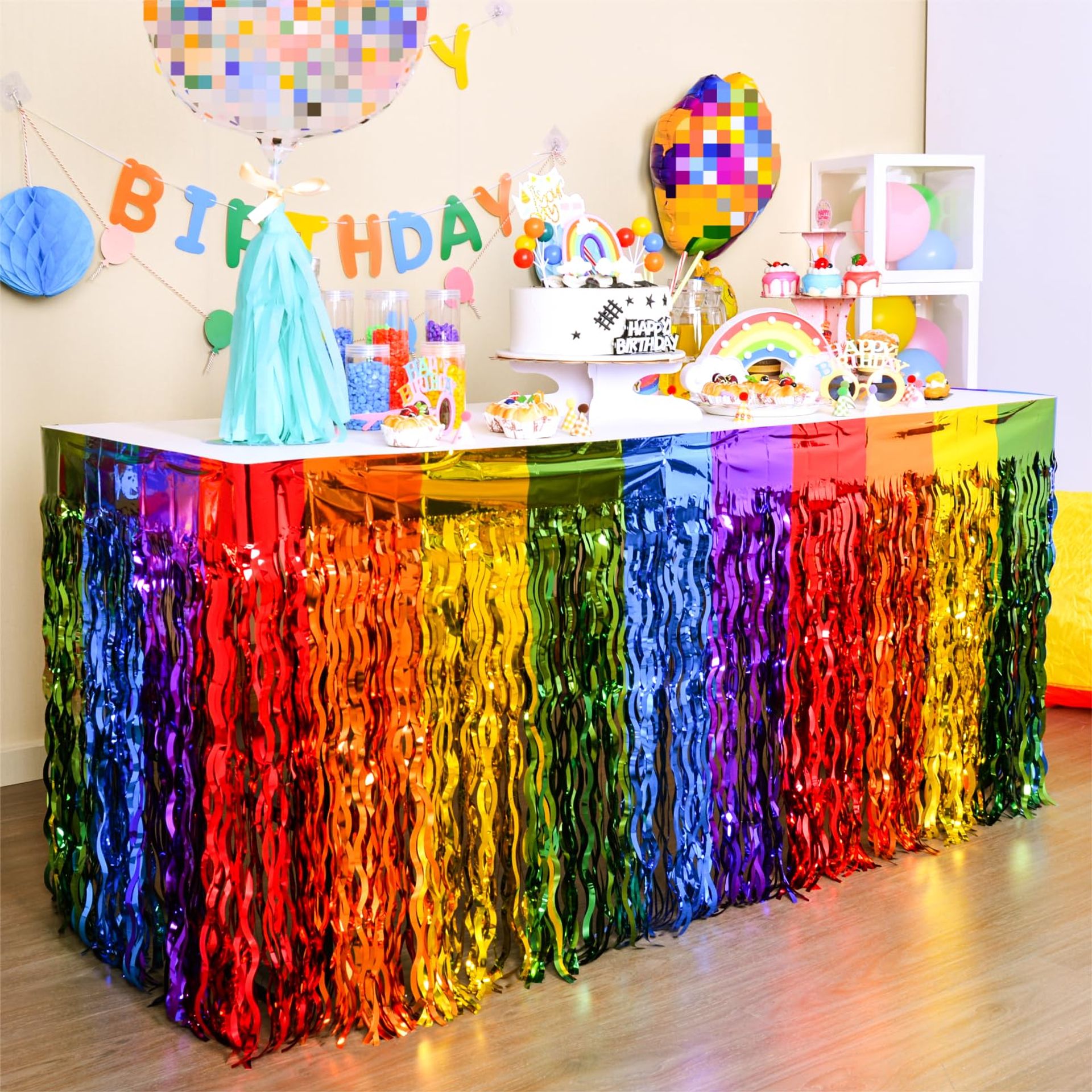 Rainbow Party Decorations - 4 Pack Wavy Metallic Tinsel Foil Fringe Table Skirts
