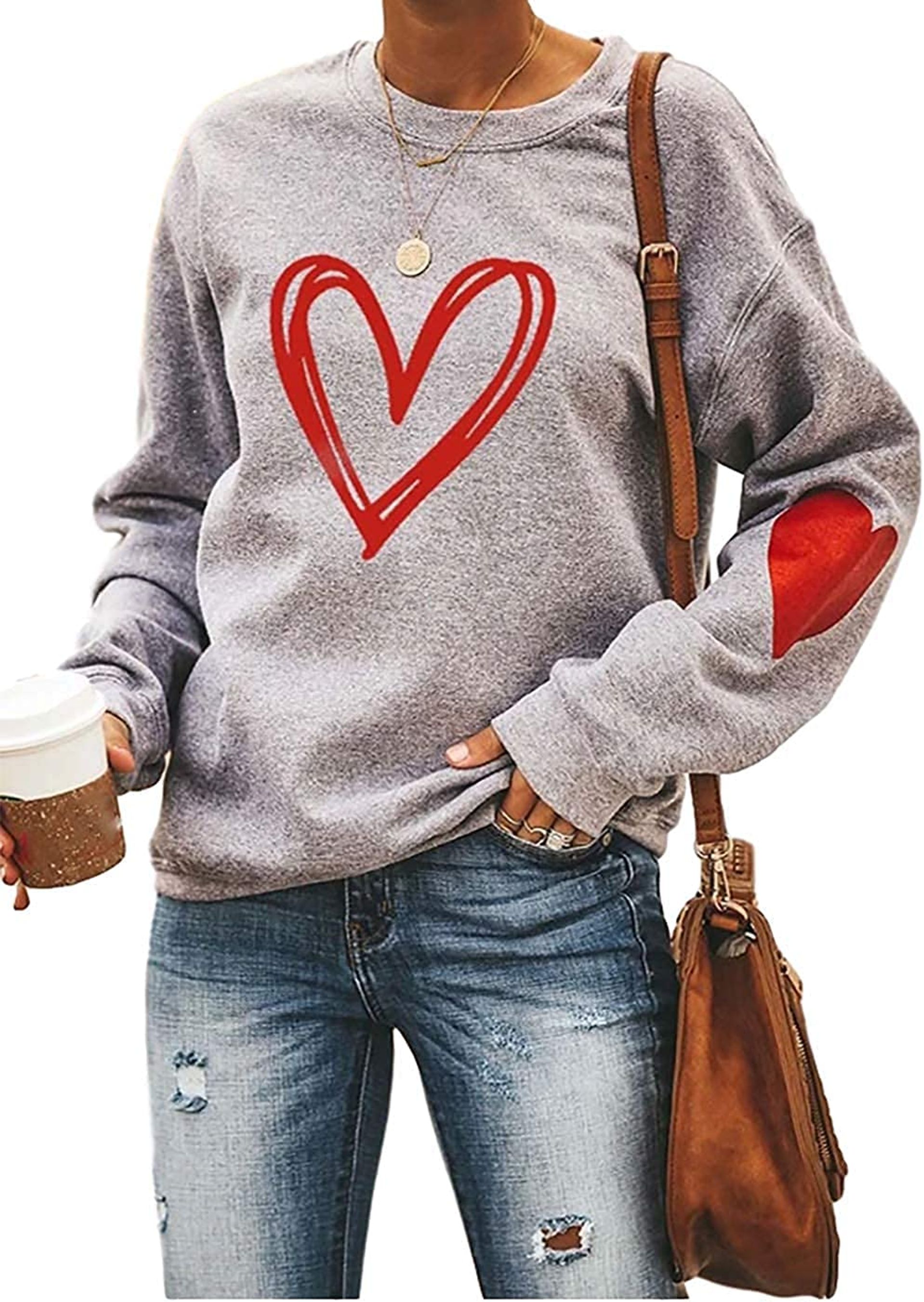 Women's Valentine's Day Sweatshirt Plaid Heart Print Long Sleeve Raglan Top - Grey XL