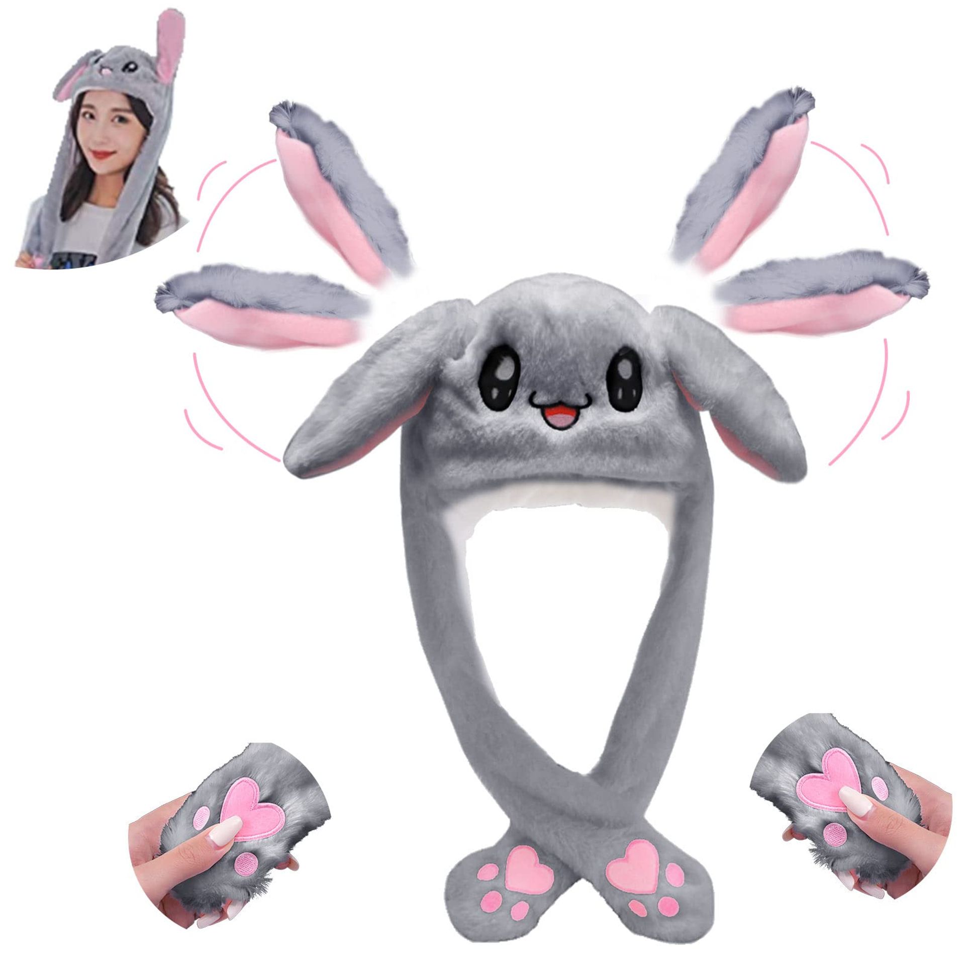 Funny Grey Plush Bunny Hat with Moving Ears - Ideal for Easter, Cosplay & Gifts