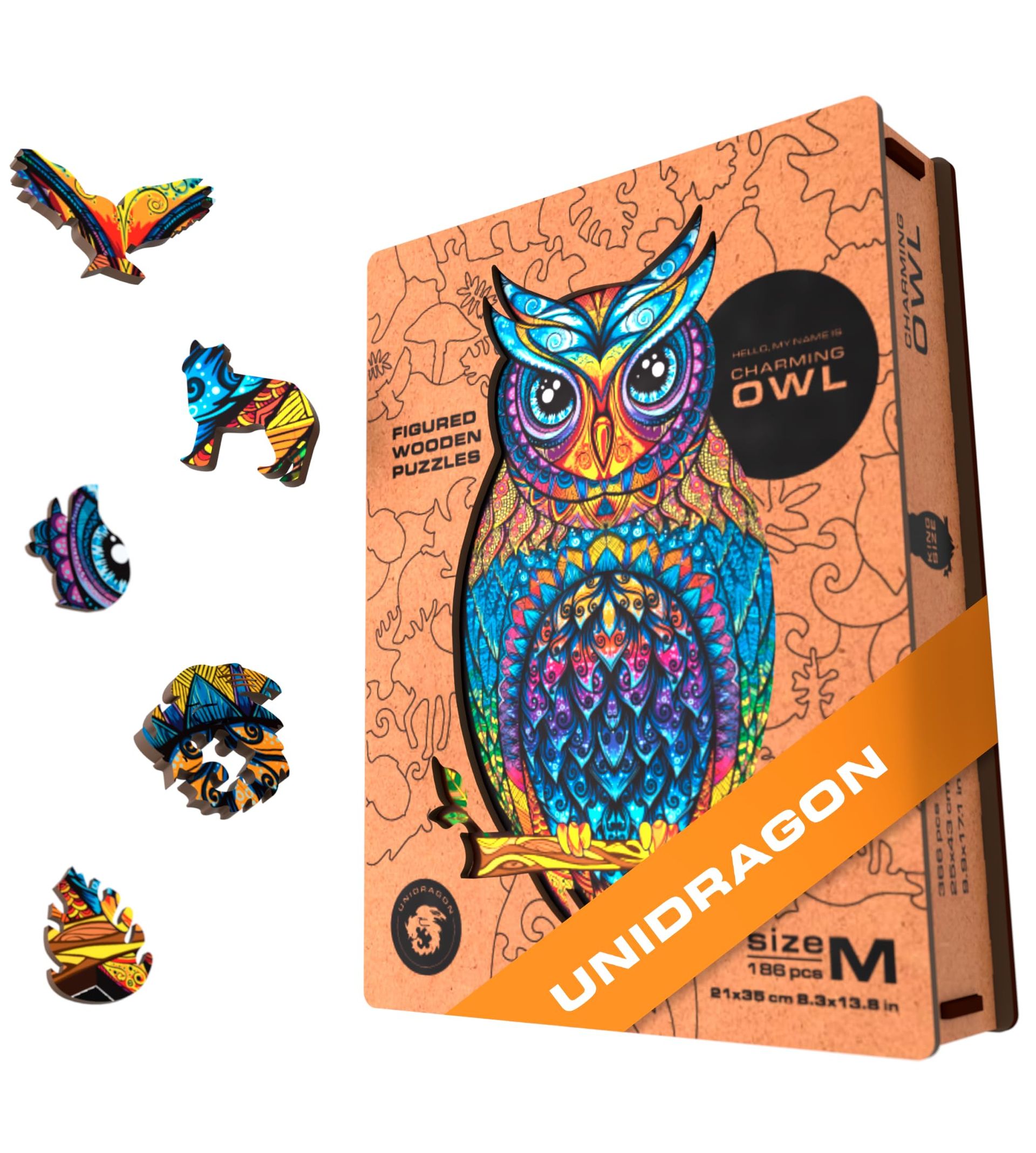 Wooden Jigsaw Puzzle 186pcs Charming Owl – Unique Animal Shapes, Medium Size, Perfect Gift for Kids, Adults & Family Fun