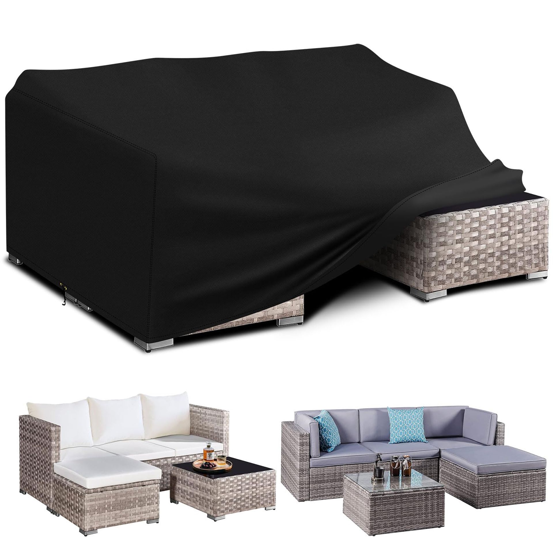 Rectangular Garden Table Cover Waterproof Windproof Anti-UV 420D Oxford Fabric - Black/White 300x200x90cm