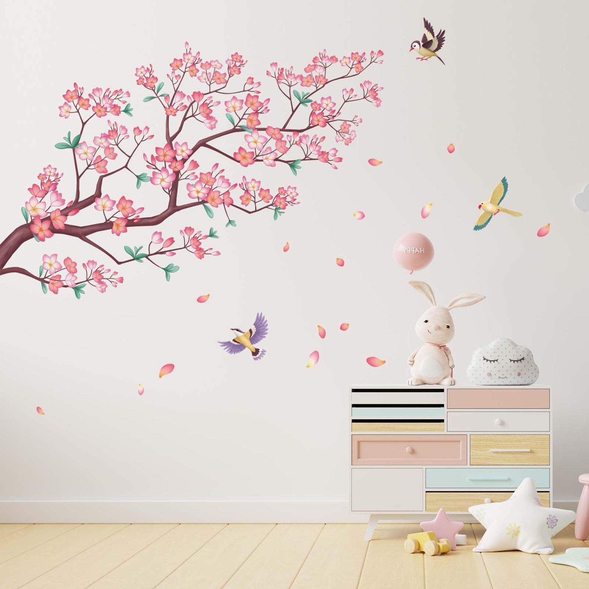 Amimagen Pink Cherry Blossom Flower Wall Stickers - Floral Tree Branch Birds Cherry Blossom Wall Decals - Living Room Bedroom TV Sofa Background Family Wall Decor