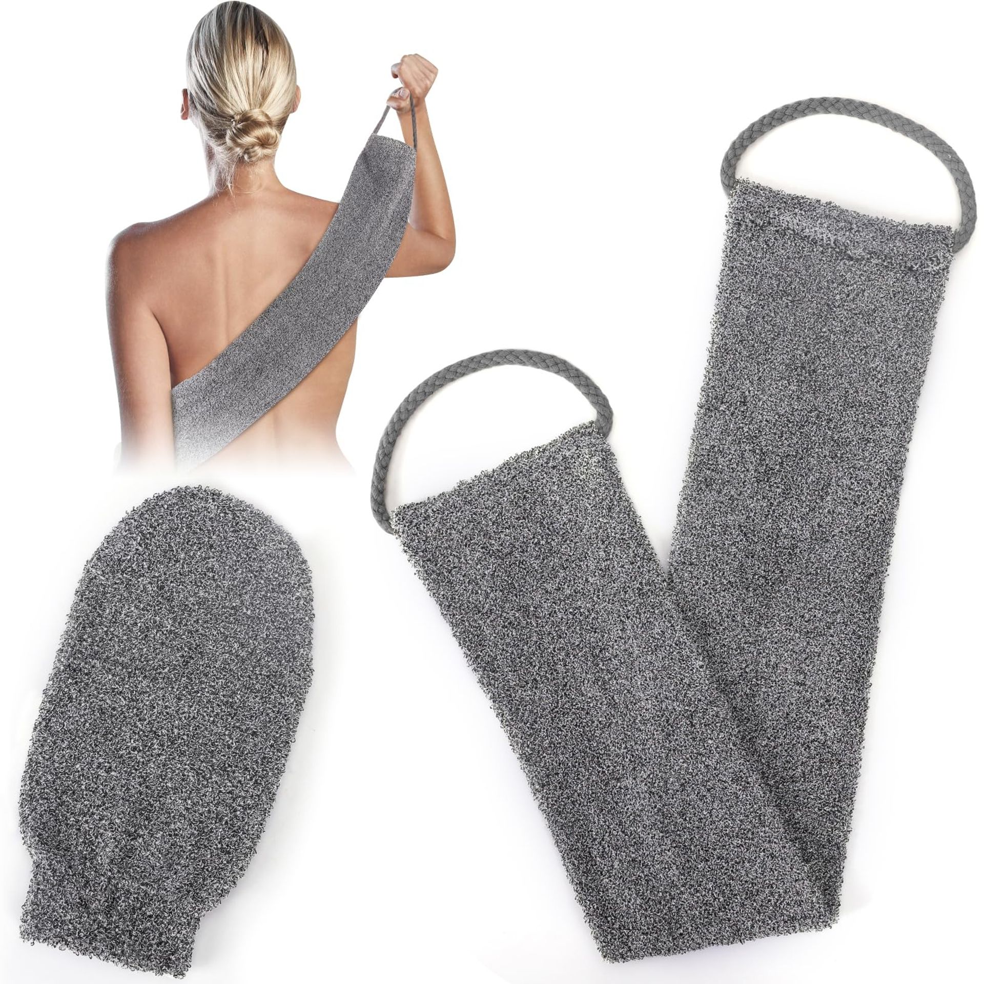 GoldOars Grey Bamboo Fibre Dual-Sided Back Scrubber with Mitt - Exfoliating Loofah Strap for Bathing