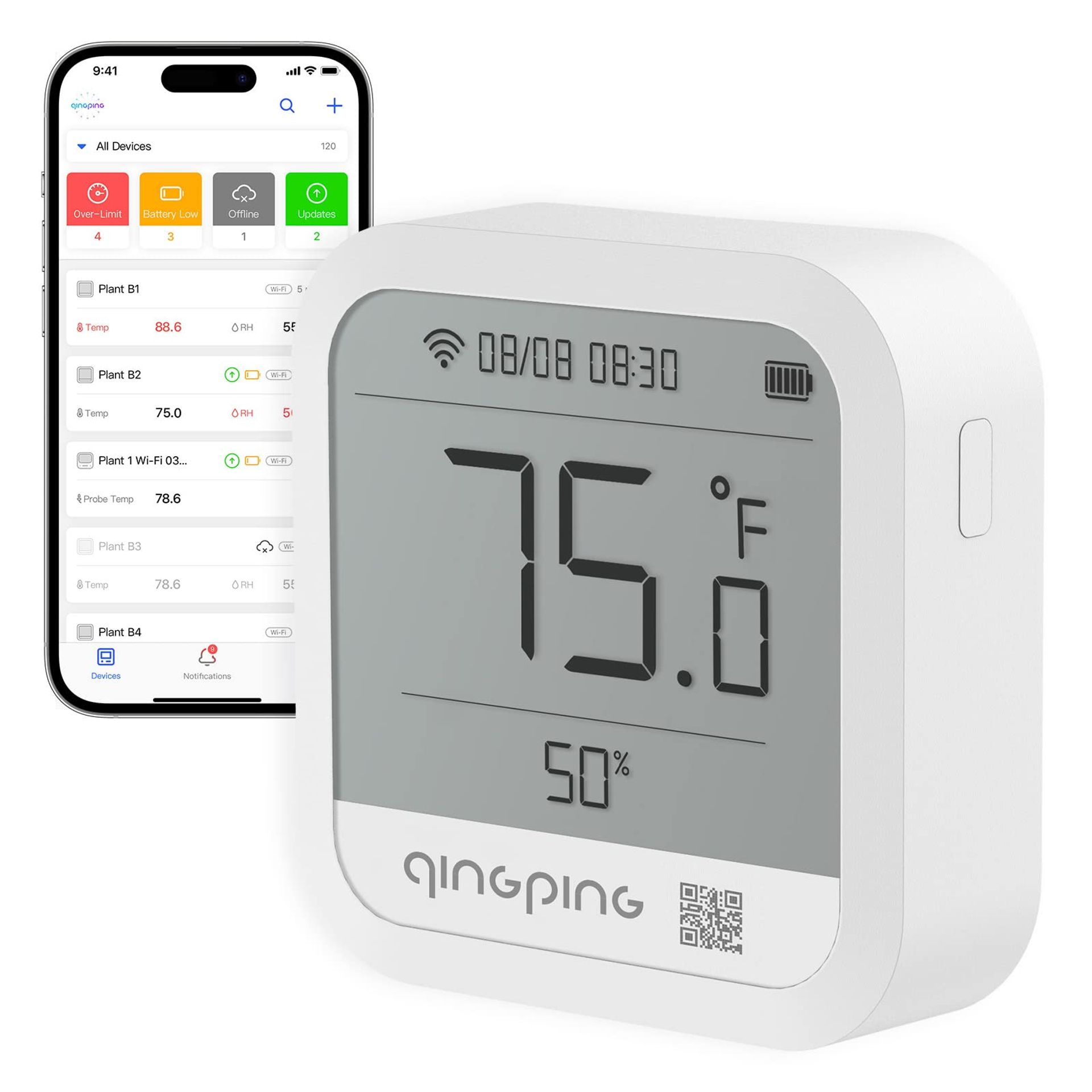Wi-Fi Thermometer Hygrometer with Remote Monitoring via Qingping IoT, Temperature and Humidity Sensor with Alerts and Rechargeable Battery - White CGP22W