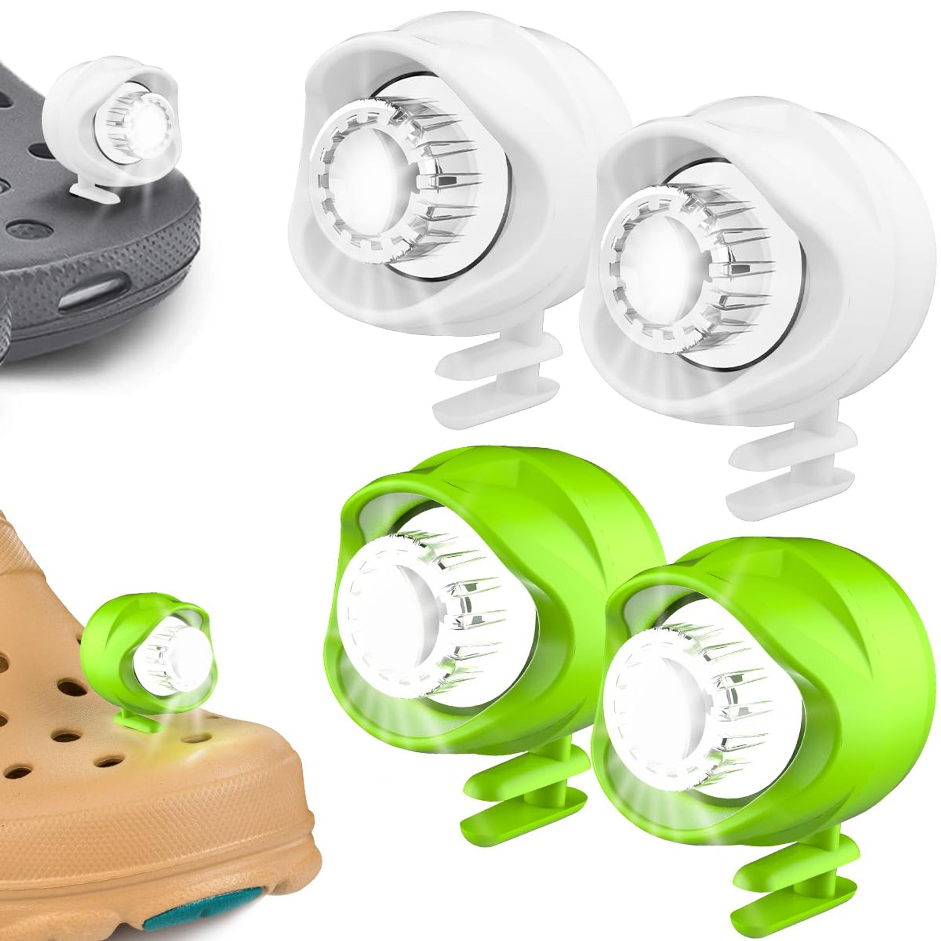 Mudvime Headlights 4Pcs, IPX5 Waterproof Shoe Lights with 3 Light Modes, Decoration Accessories for Camping, Walking, Cycling, Running - Gift for Adults & Kids (2 White/ 2 Green)
