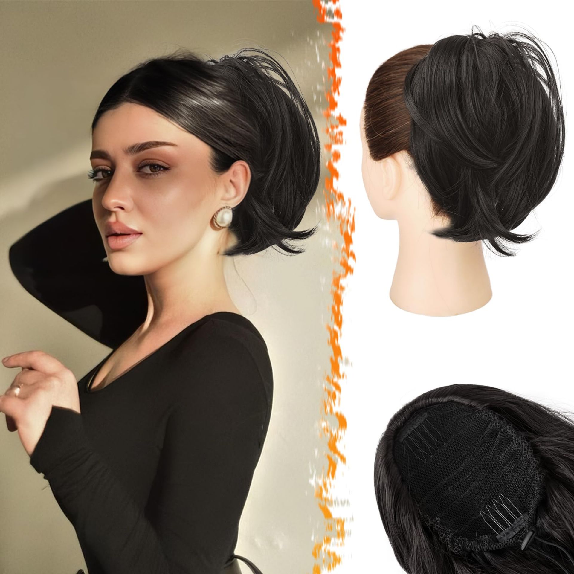 Short Straight Black Brown Hair Bun Extension - Synthetic Drawstring Ponytail Scrunchie for Women