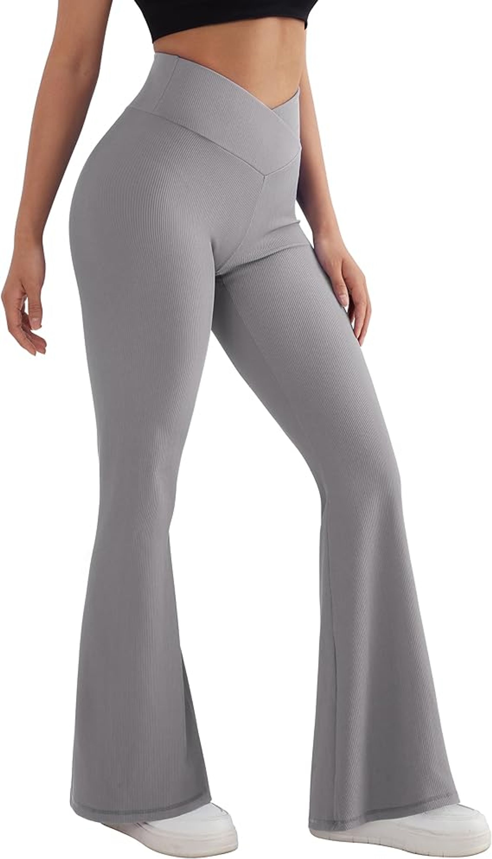 Women's Cross Waist Bootcut Yoga Leggings with Flared Ribbed Design for Gym, Dance & Running - Grey 30"
