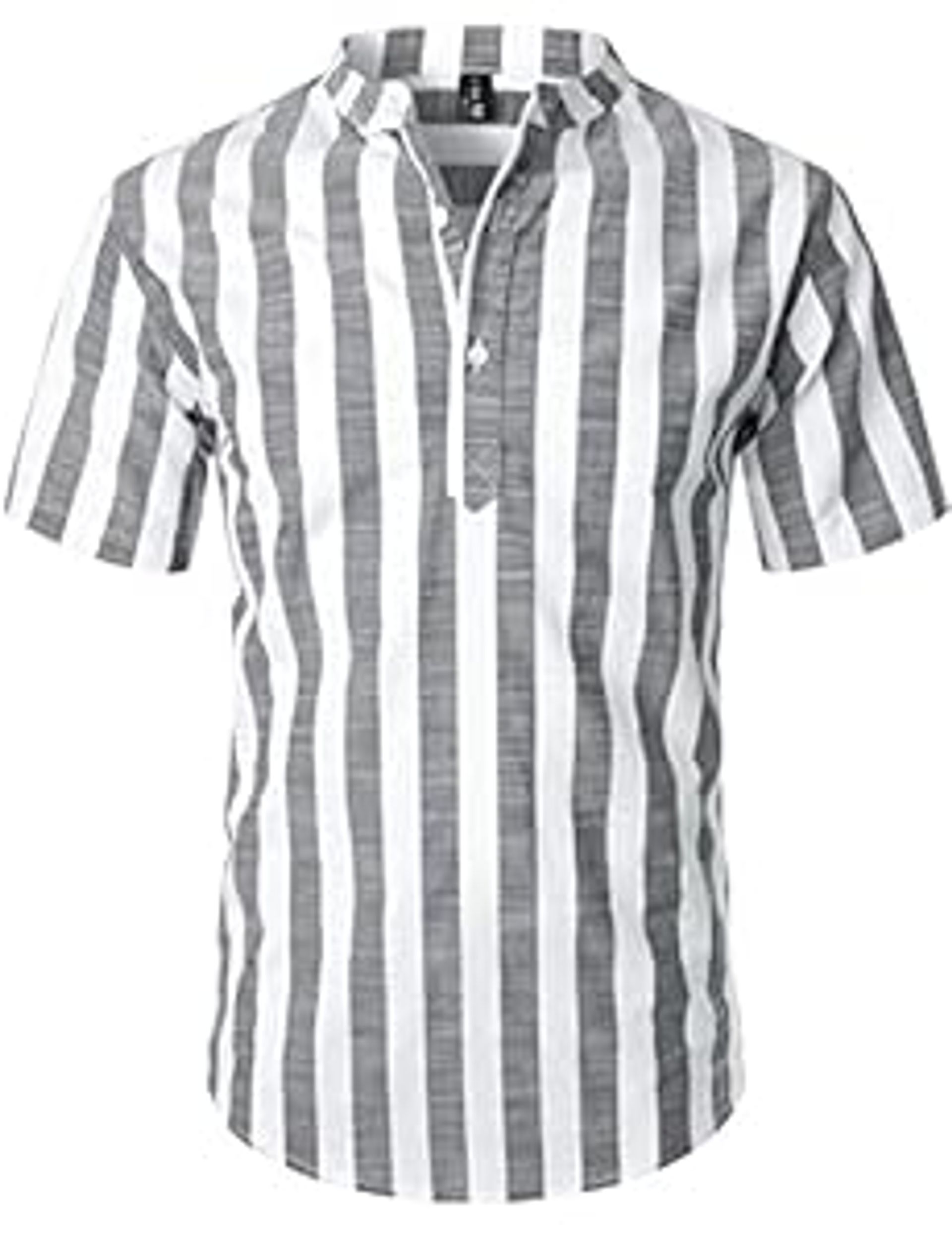 Men's Cotton Linen Henley Shirt with Short Sleeves, Lightweight Summer Casual Beach Top, Vertical Stripe Design - Small
