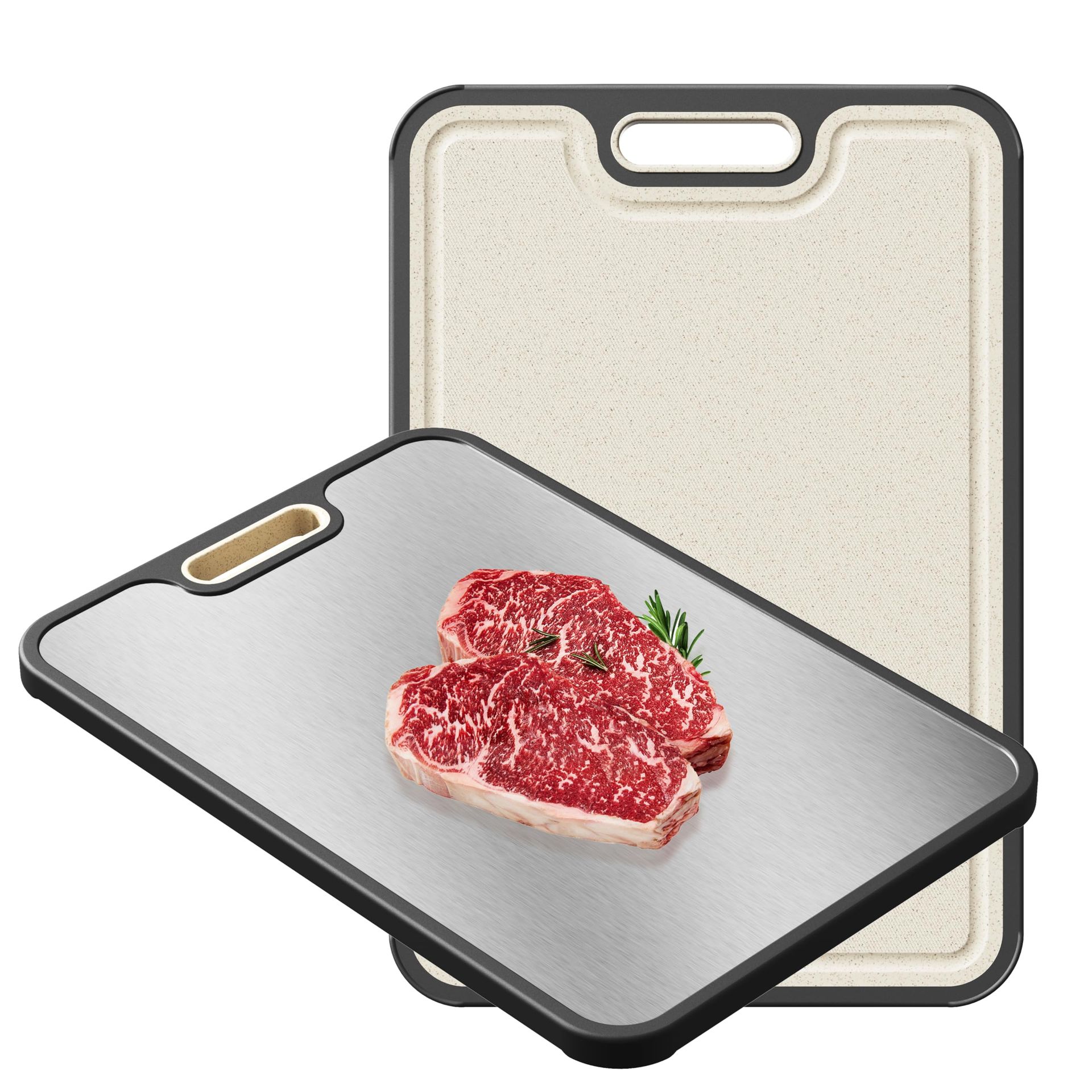 Cutting Board Double Sided 304 Stainless Steel & Wheat Straw Design, Non-Slip, Dishwasher Safe - Wheat Straw 38.5L x 26.5W cm
