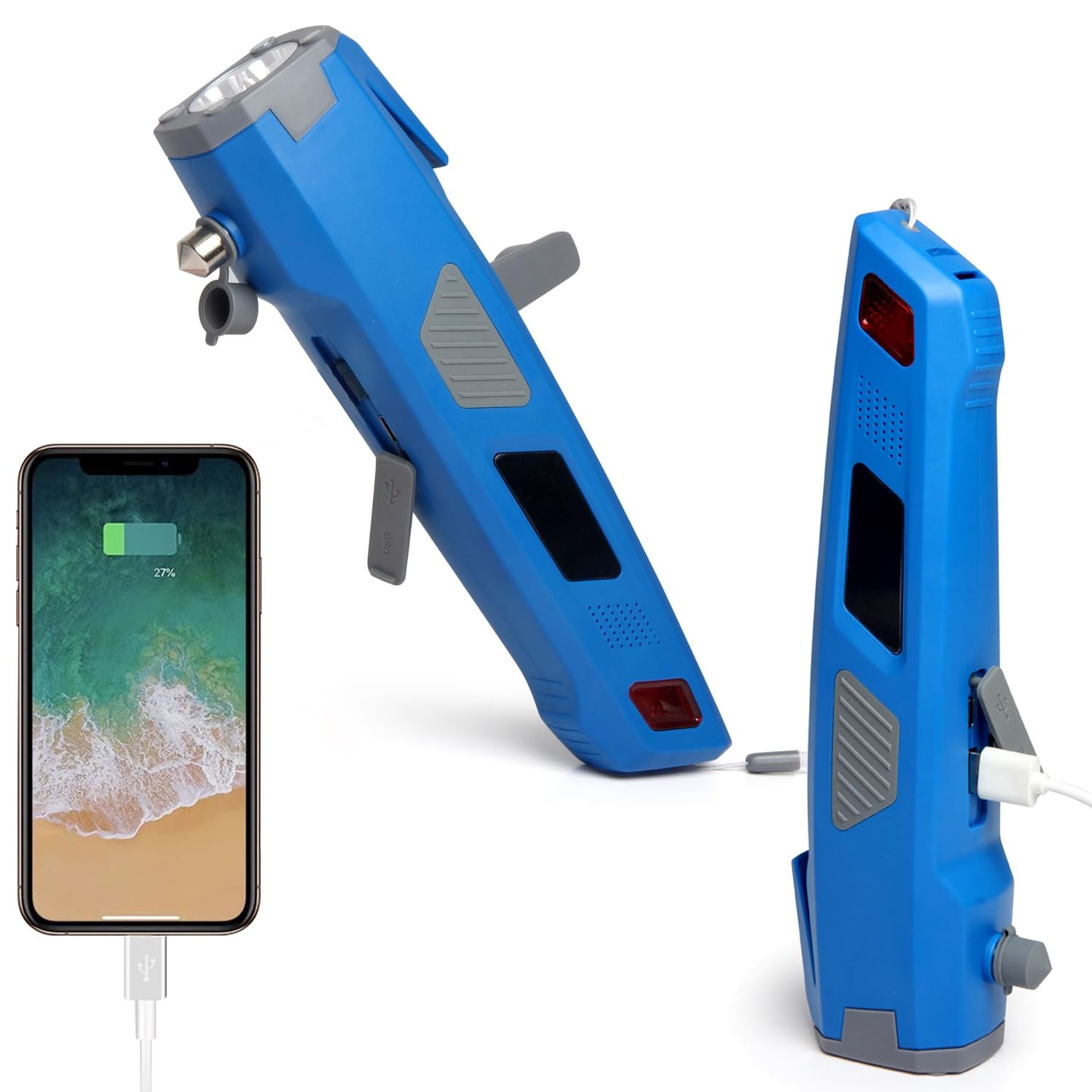 8-in-1 Car Emergency Safety Hammer with Seat Belt Cutter, LED Torch, Power Bank, Alarm and SOS Beacon - Blue 2pcs