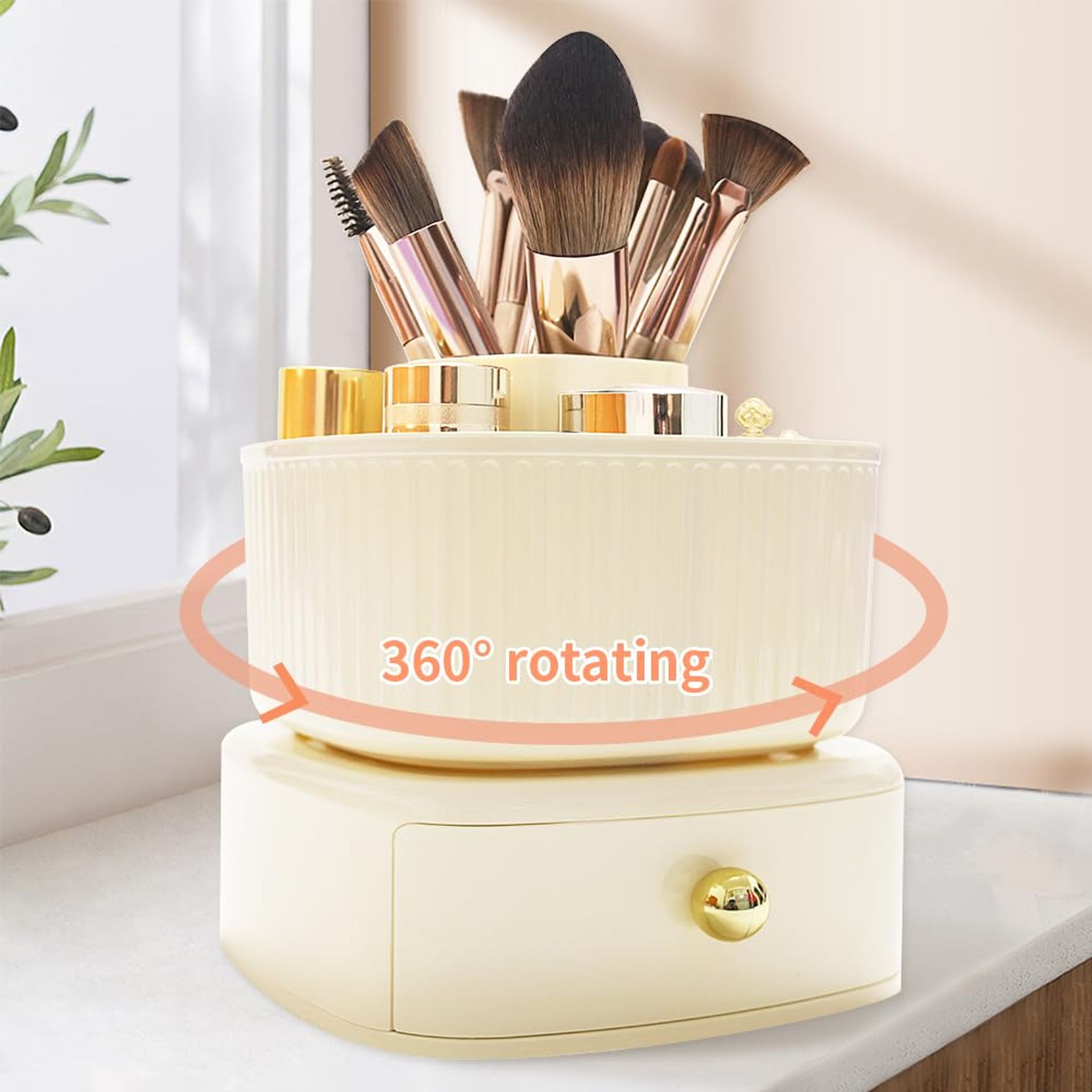 360° Rotating Makeup Organiser with Drawer, Stylish Skincare Storage Box for Vanity - Compact & Durable