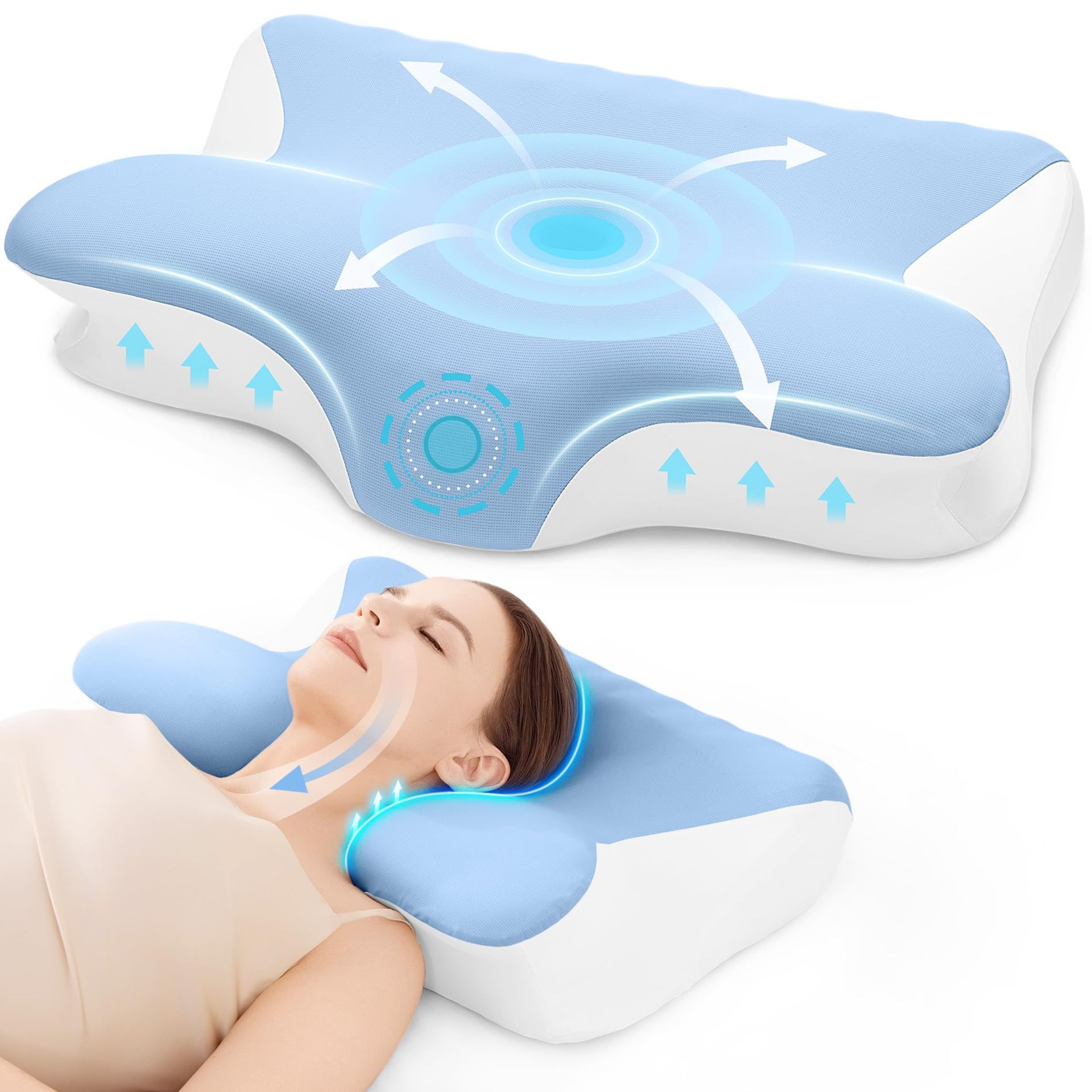 Ergonomic Memory Foam Neck Pillow Adjustable Orthopaedic Support for Back, Side & Stomach Sleepers - White & Blue GM-1226 UK