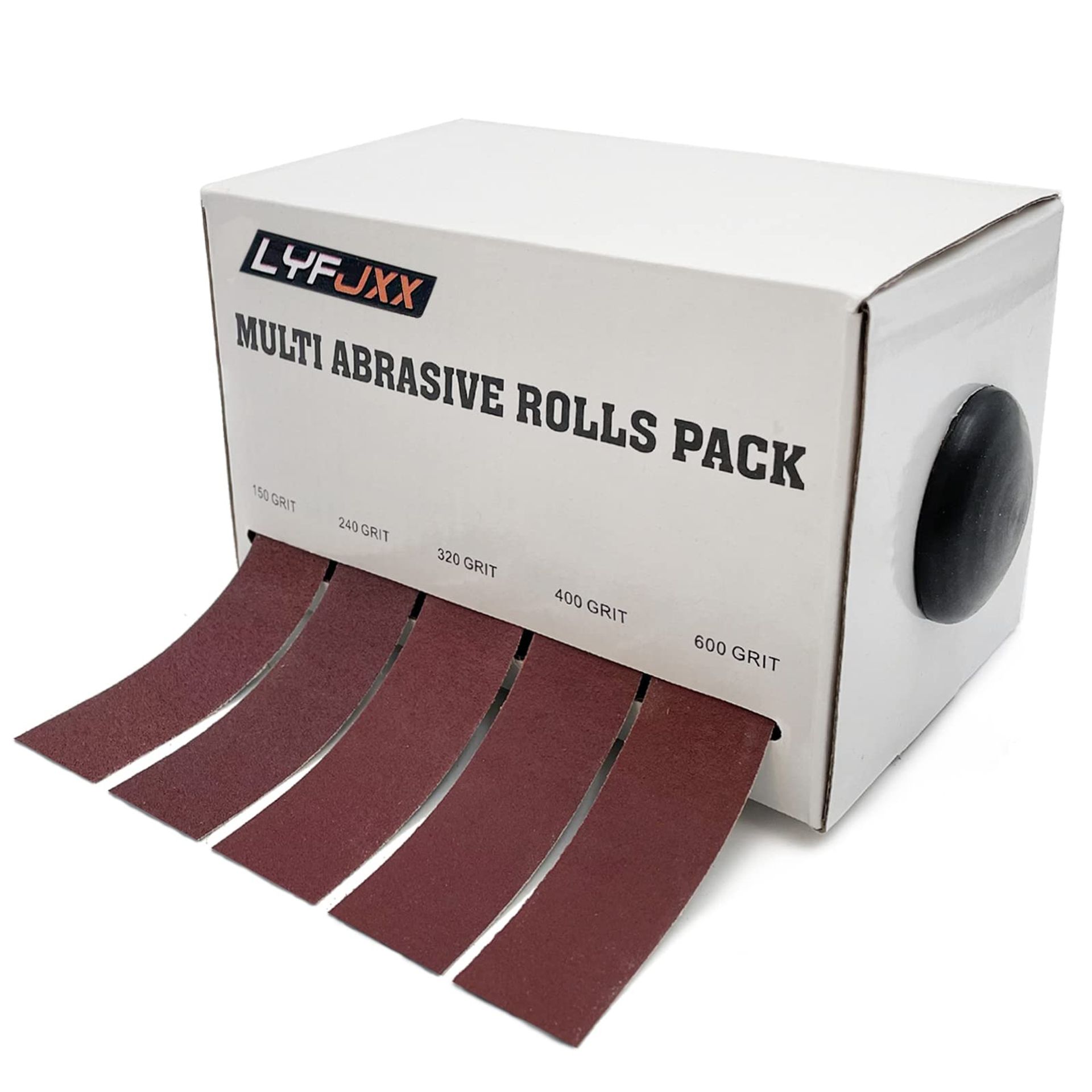 5pc Sandpaper Variety Pack with Dispenser – Emery Cloth Rolls for Metal, Wood & Glass Finishing (150#–600#, 25mm x 6m Each)