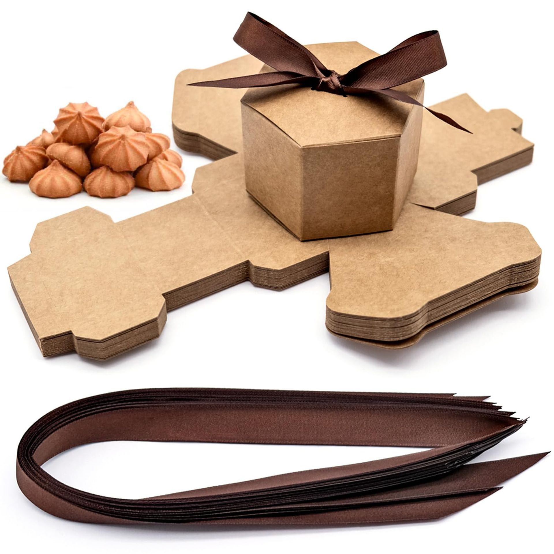 25 Hexagon Kraft Gift Boxes with Ribbon - Ideal for Weddings, Birthdays & Christmas - Valentines