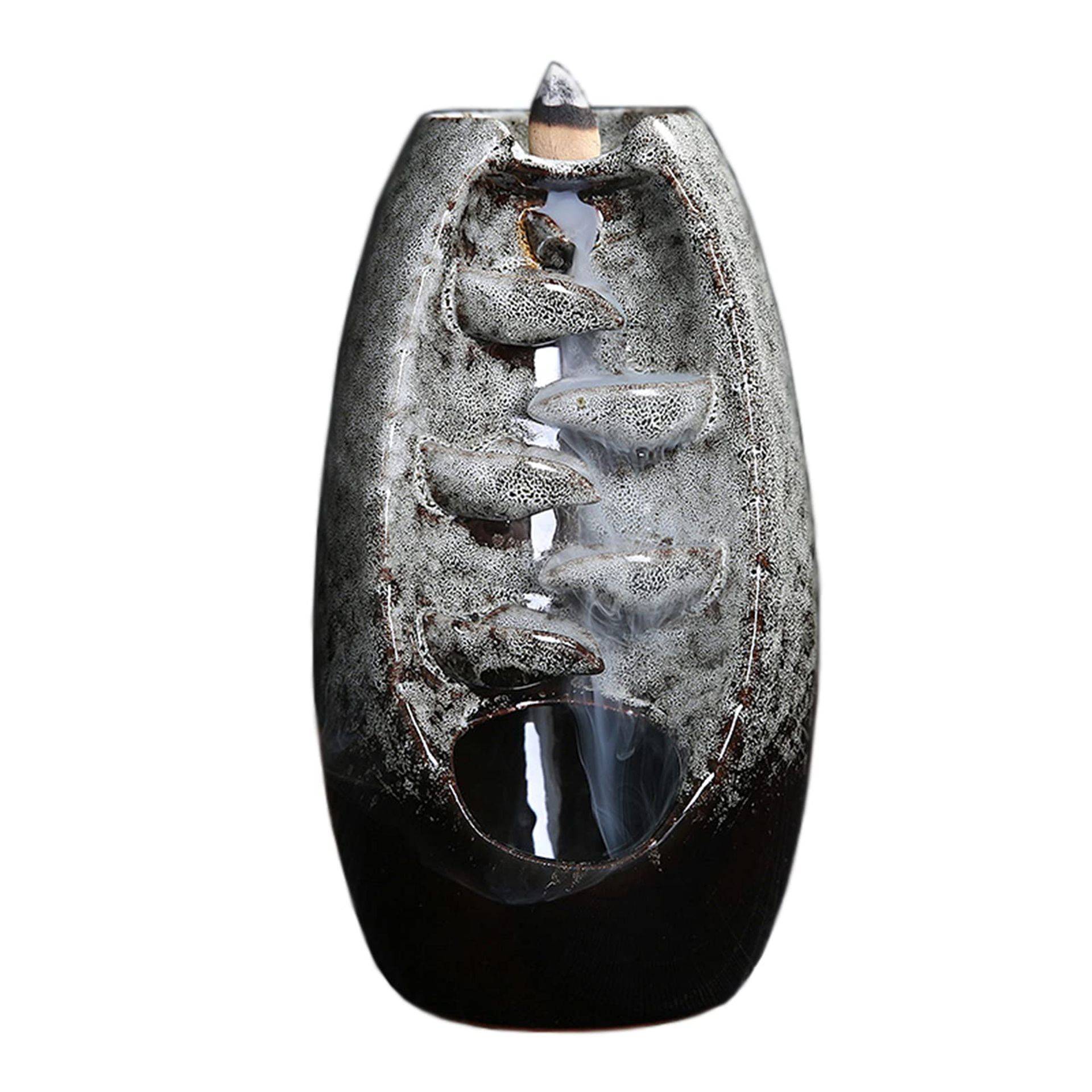 xunfu Incense Burner, Ceramic Waterfall Incense Holder with 60 Incense Cones and 1 Mat, for Aromatherapy and Home Decoration, White, 6_x_11_x_20_cm