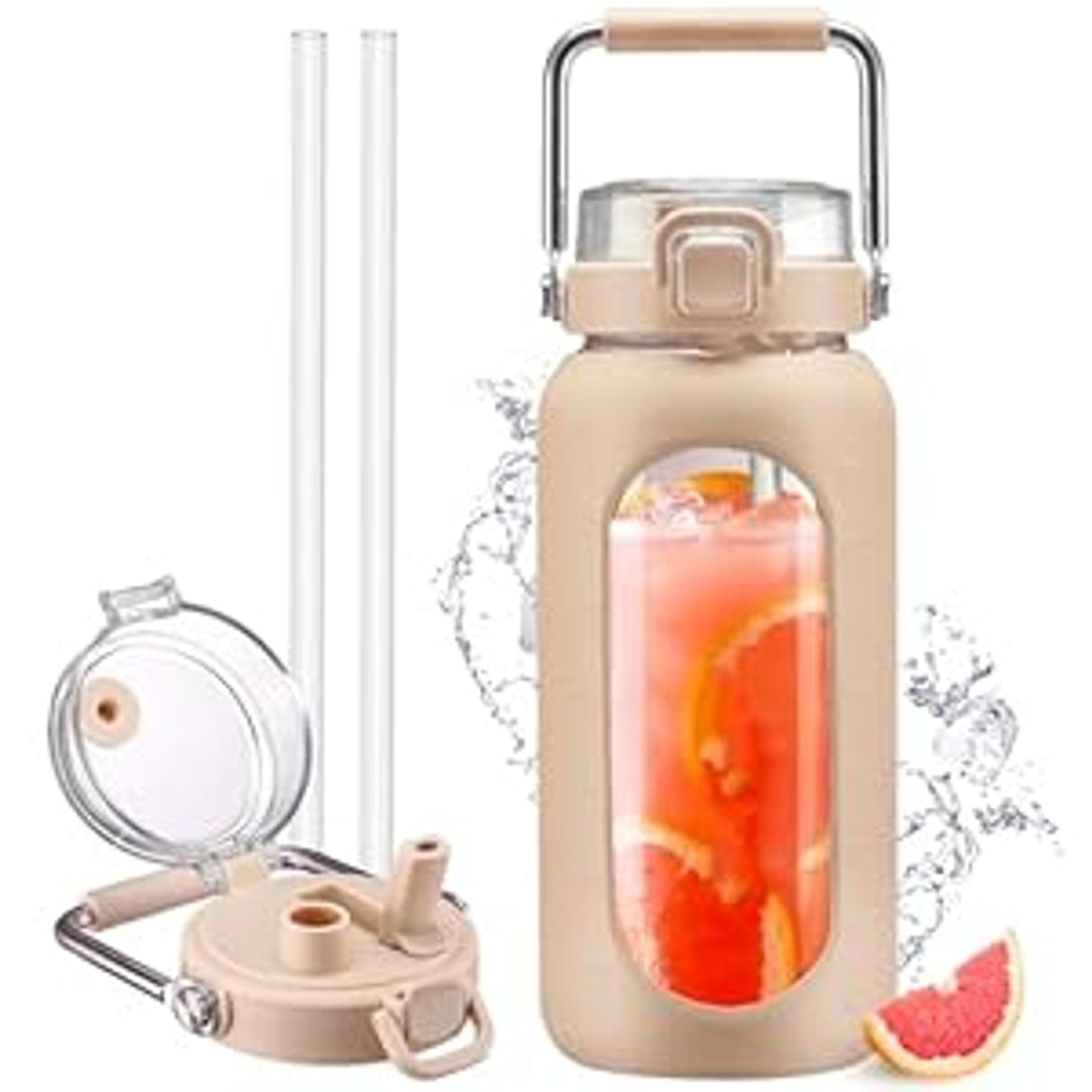 Glass Water Bottle 1.8L with Straw, Time Marker, Silicone Sleeve, Leakproof Spout and Wide Mouth Jug - Amber 1800ml