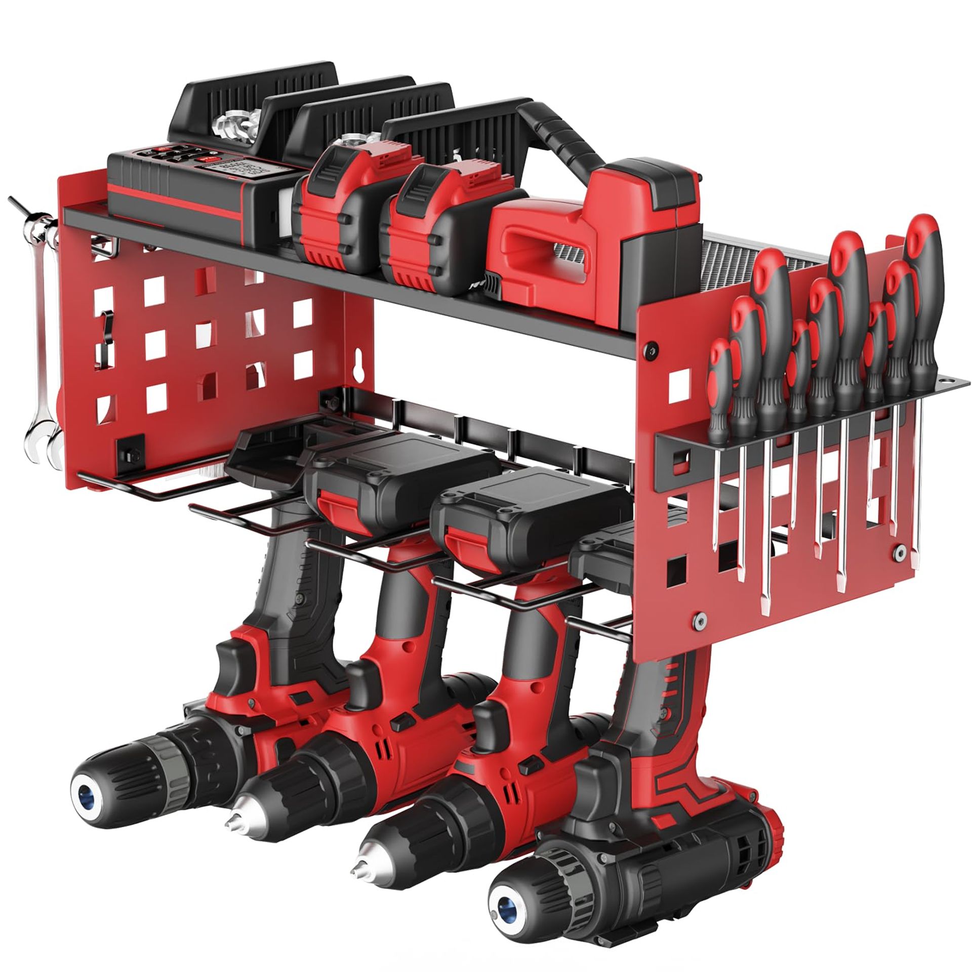 2 Layer Power Tool Organiser Wall Mounted Storage Rack Heavy Duty Metal Shelving for 4 Drill Holders - Red 2 Layer