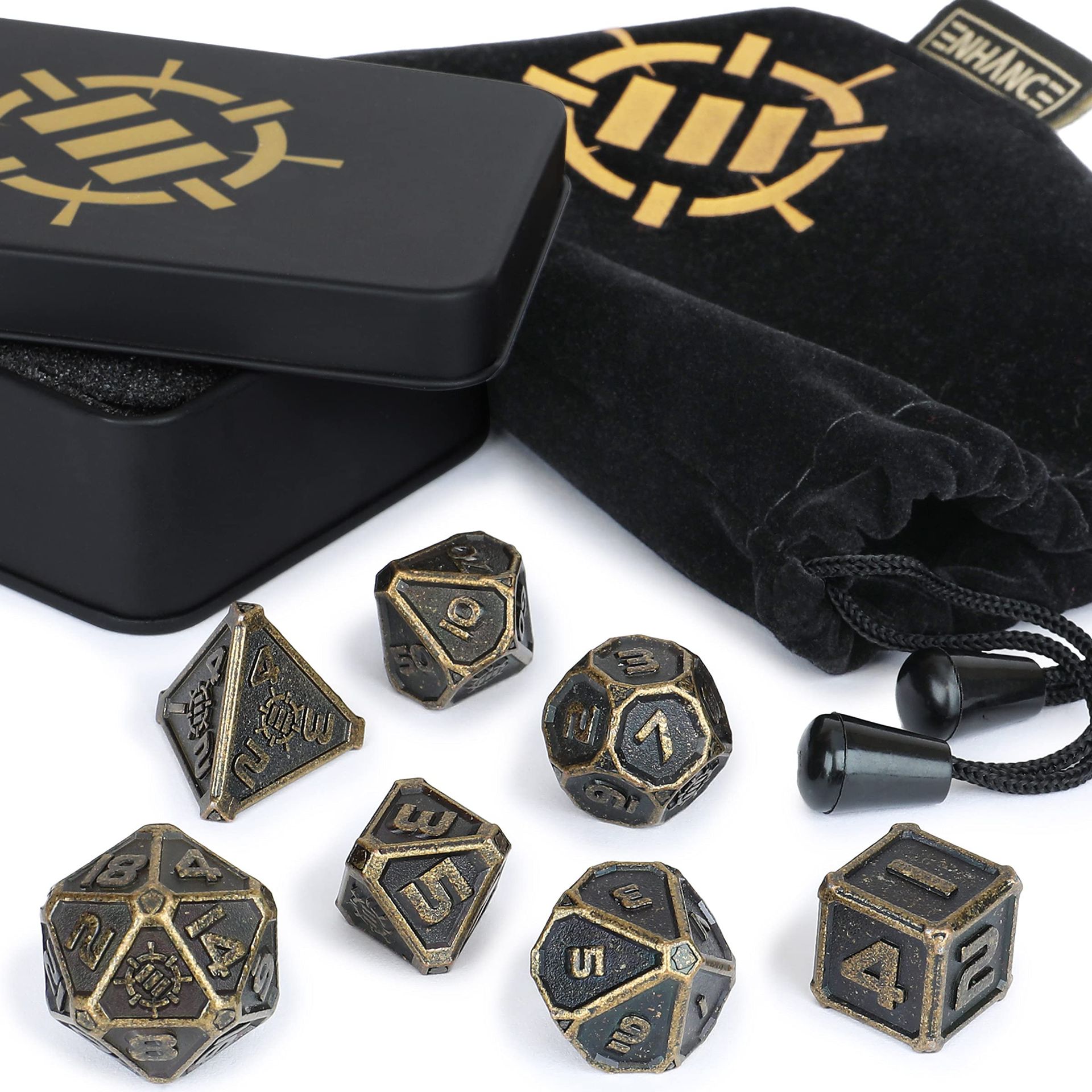 Metal Polyhedral Dice Set 7 Piece with Storage Case & Bag for RPGs - Ancient Bronze