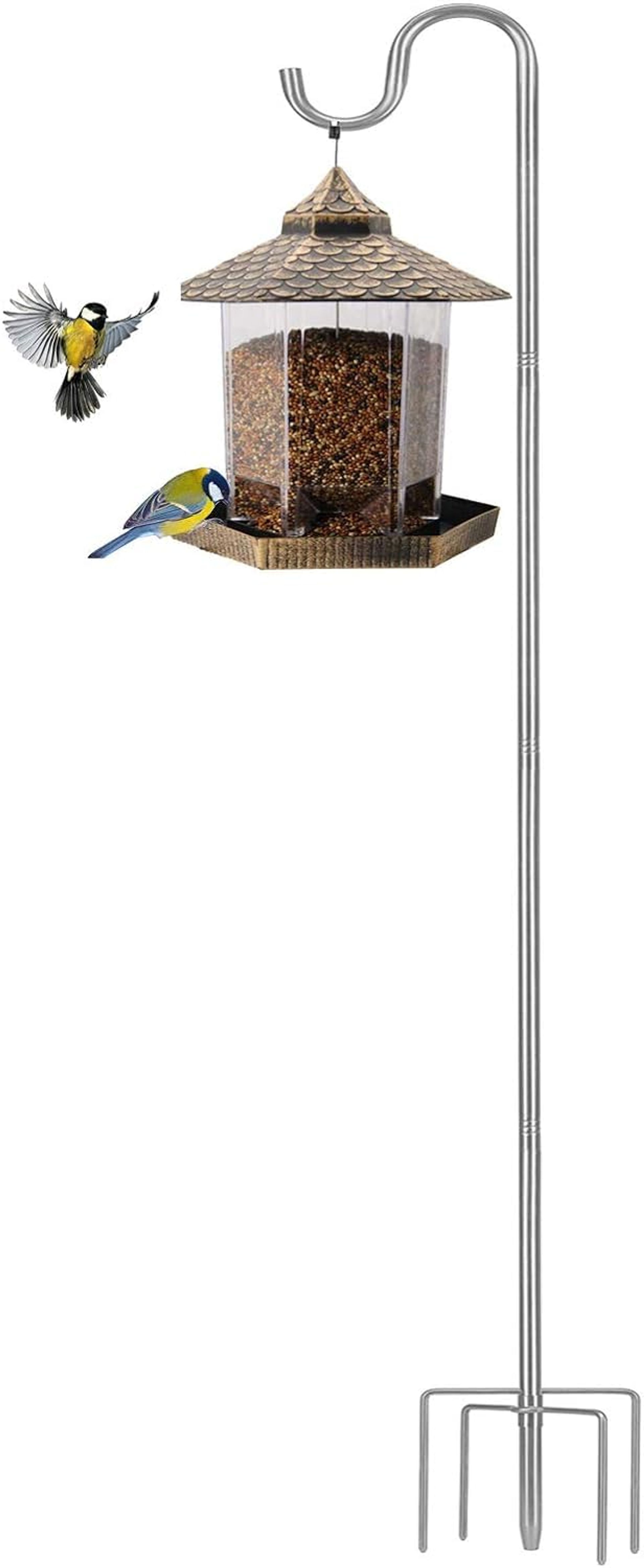 Shepherd's Hook Bird Feeder Stand 234cm Tall Stainless Steel with 5-Prong Base for Garden Lights, Lanterns & Outdoor Décor
