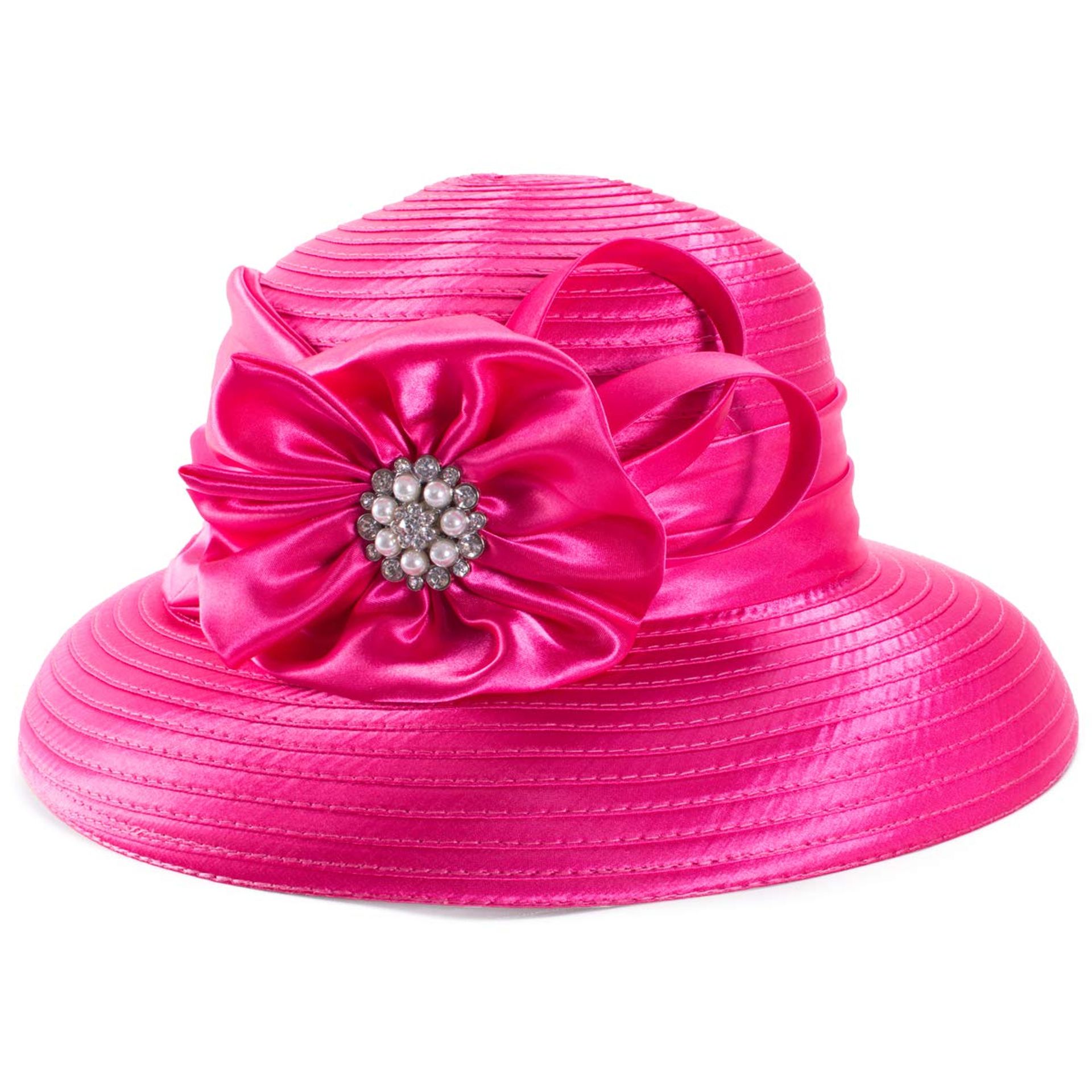 Women's Satin Ribbon Church Couture Bridal Wedding Occasion Hat with Rhinestone Flower Detail - Hot Pink One Size