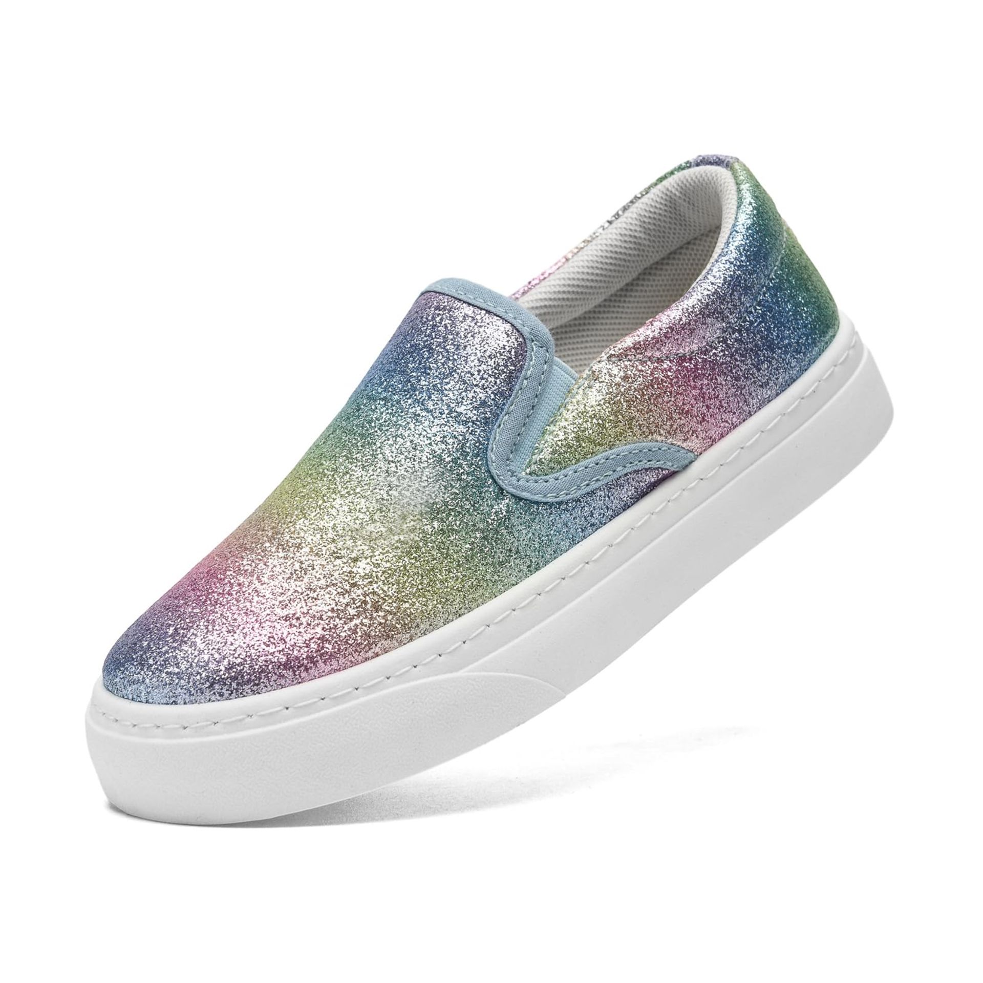 Girls Canvas Slip-On Glitter Pumps Breathable Casual Trainers - Rainbow UK 4