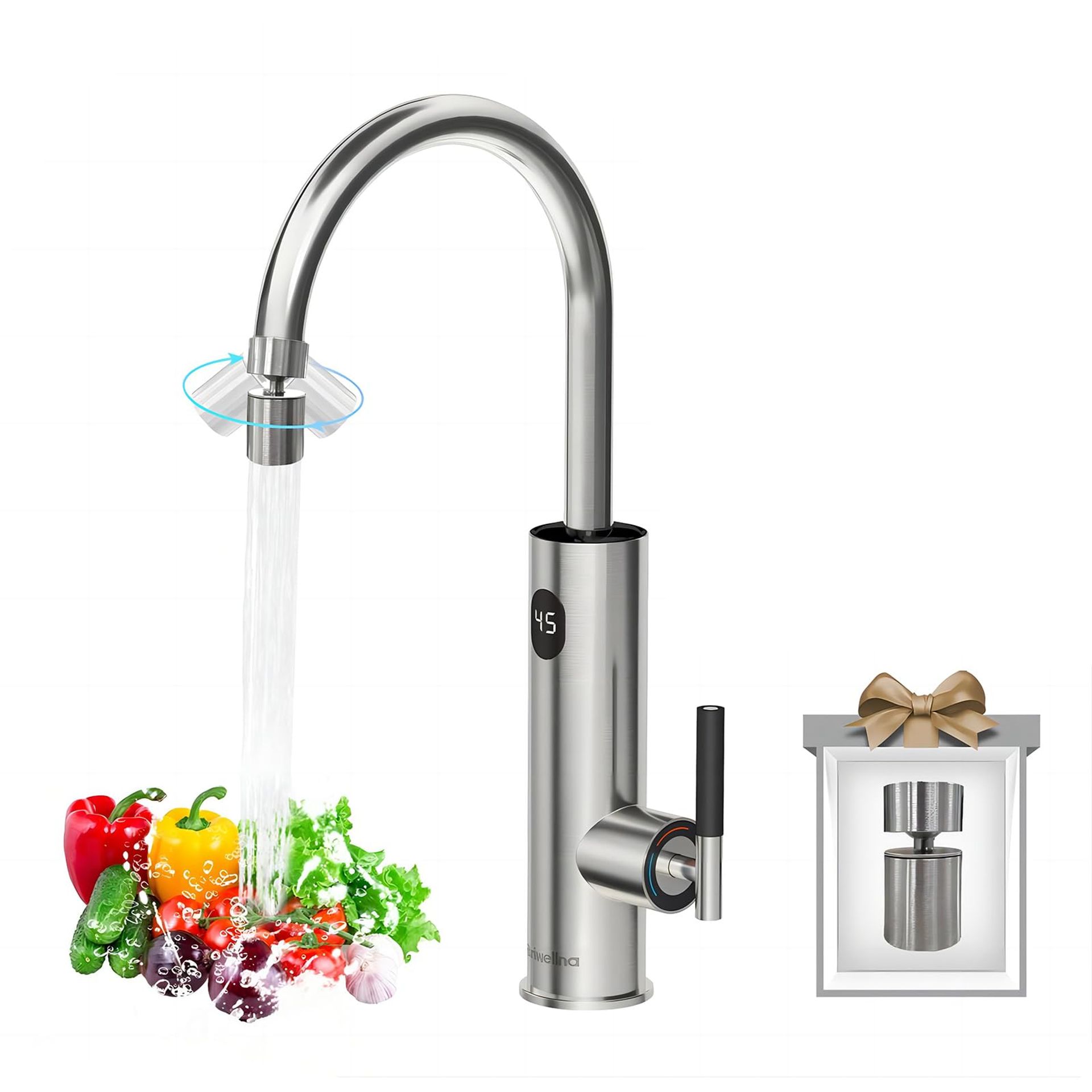 Instant Electric Hot Water Tap 220V Stainless Steel, 360° Swivel Spout & Universal Nozzle - Flexible Cold/Hot Mix