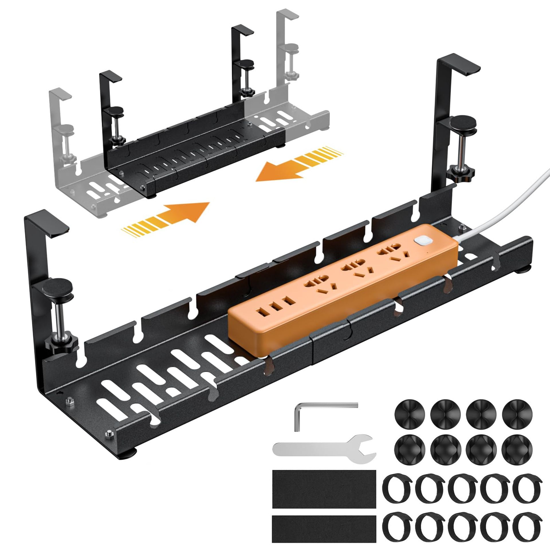Under Desk Cable Management Tray Retractable Metal Wire Cord Organiser with Clamps and Cable Holders - Black Adjustable 12-21.6in