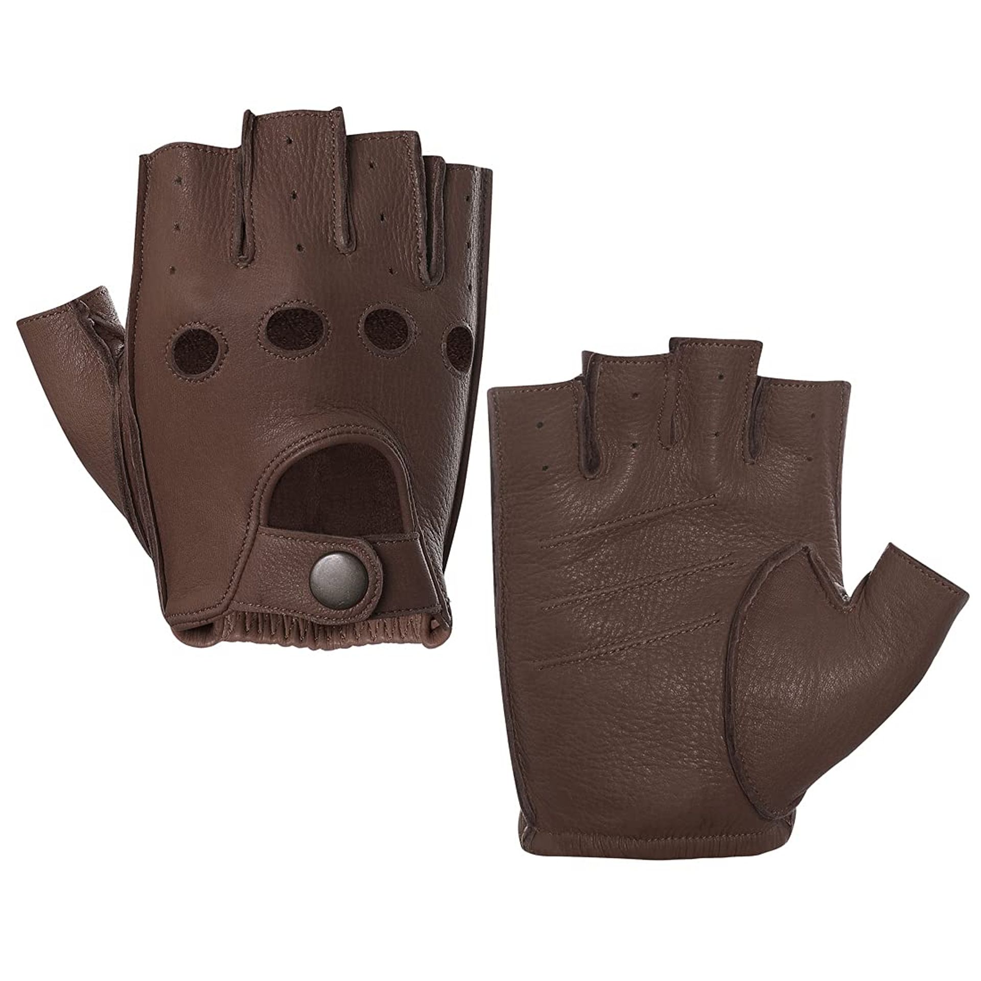Men's Deerskin Leather Fingerless Driving Gloves Unlined Half Finger Design - Brown S