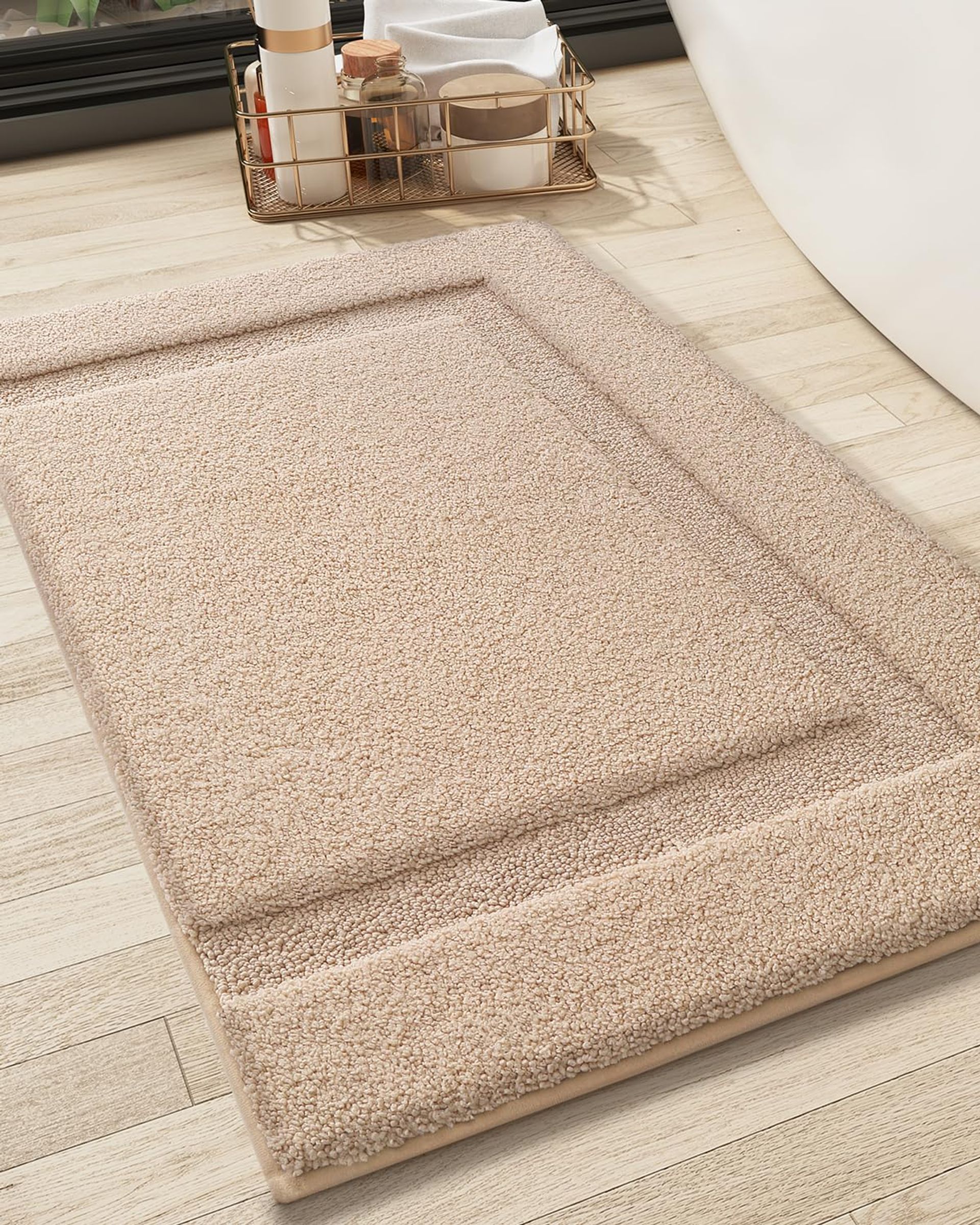 Large Bath Mat Extra Soft Non Slip Water Absorbent Fast Drying Bathroom Rug - Beige 61x92 cm