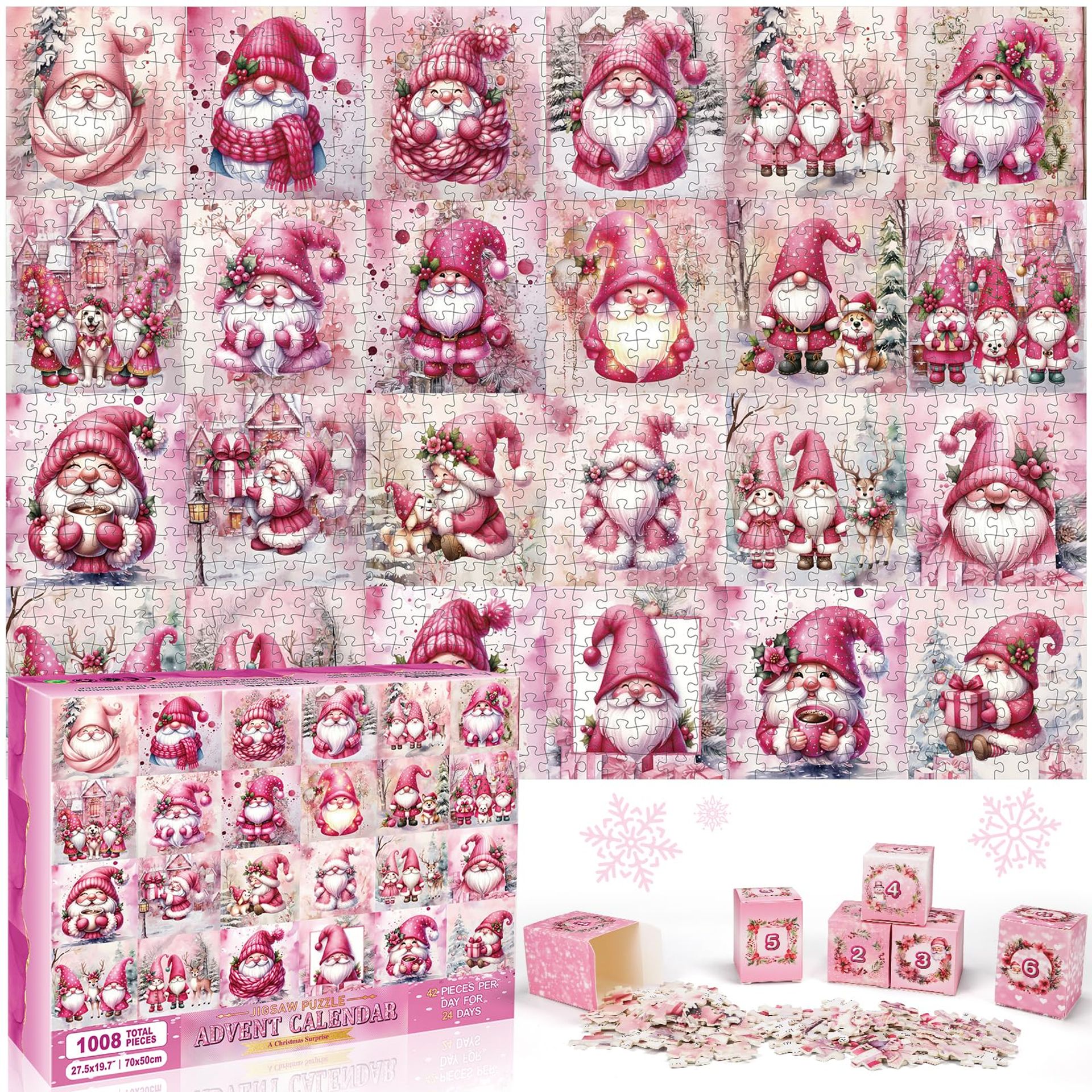 Advent Calendar 2024: 1008-Piece Pink Gnome Jigsaw Puzzle for Kids & Adults