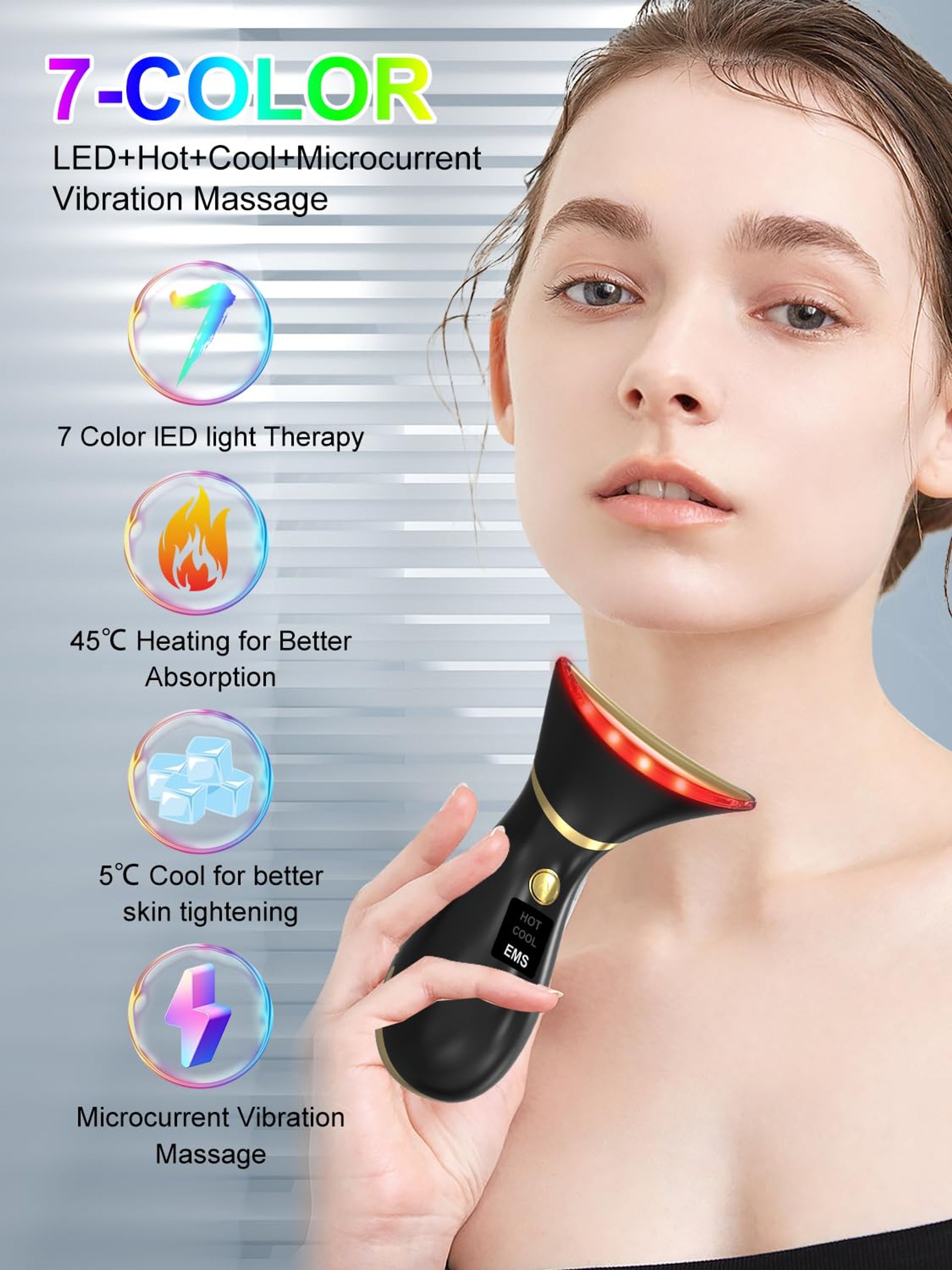 Face Massager,Anti-Wrinkle Face Device With 7 Colors 3 Modes 45C HOT/5C