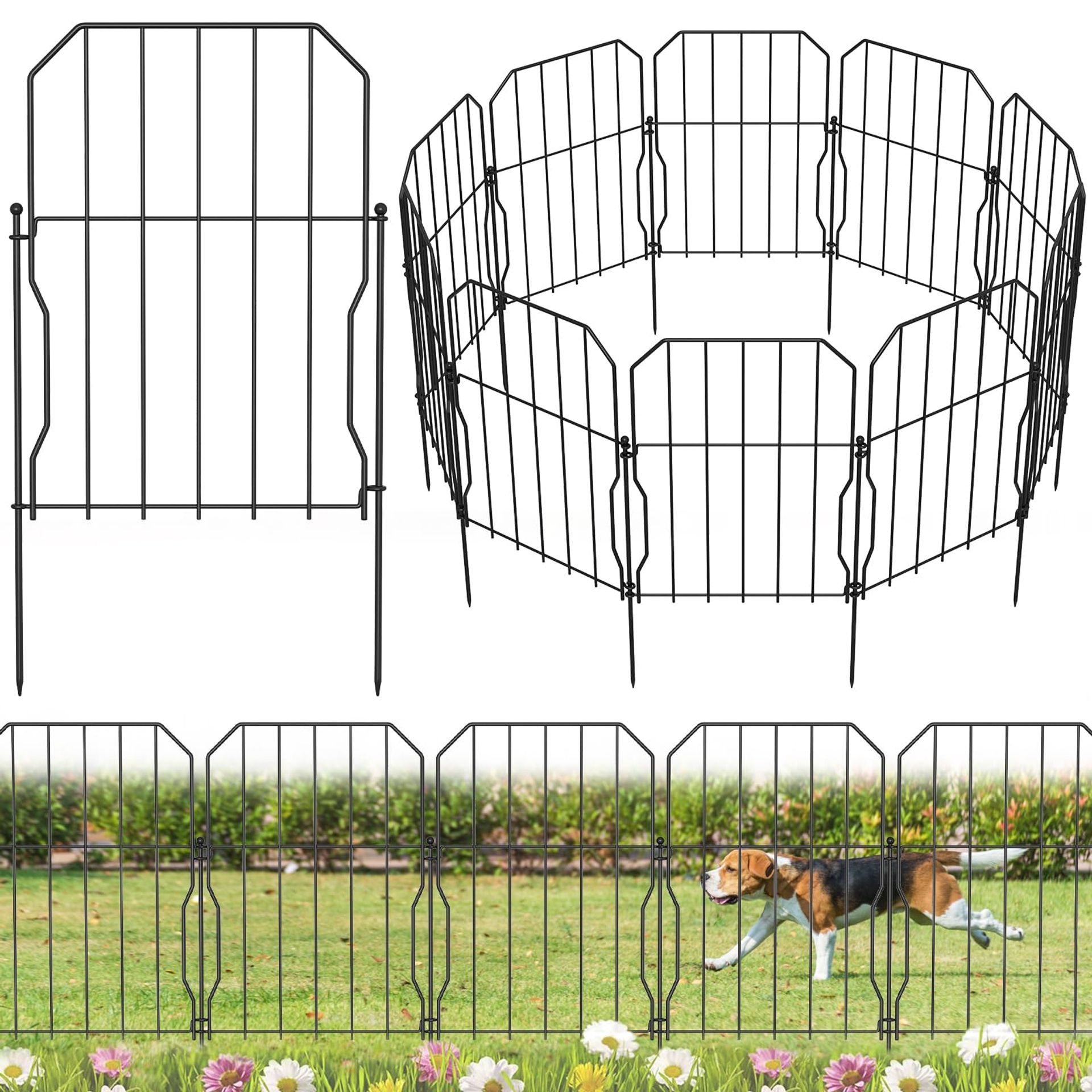 Metal Garden Fence 10 Pack Decorative Animal Barrier 310×41cm for Dogs & Rabbits - Black D