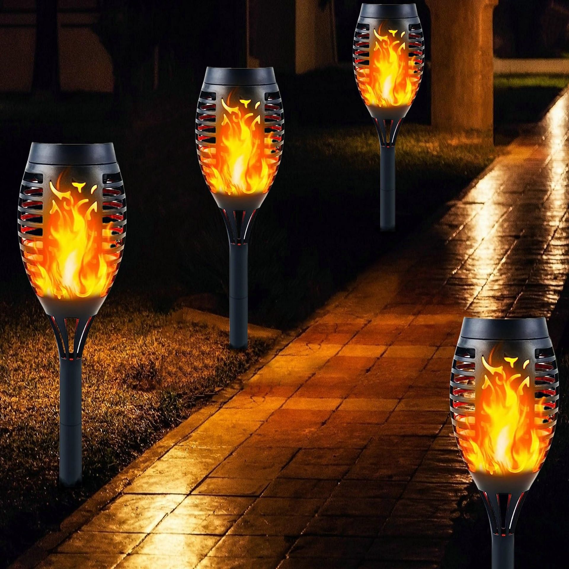Solar Flame Lights Outdoor Garden 4-Pack, LED Flickering Torches, Weatherproof, Auto On/Off for Pathway, Patio, Yard