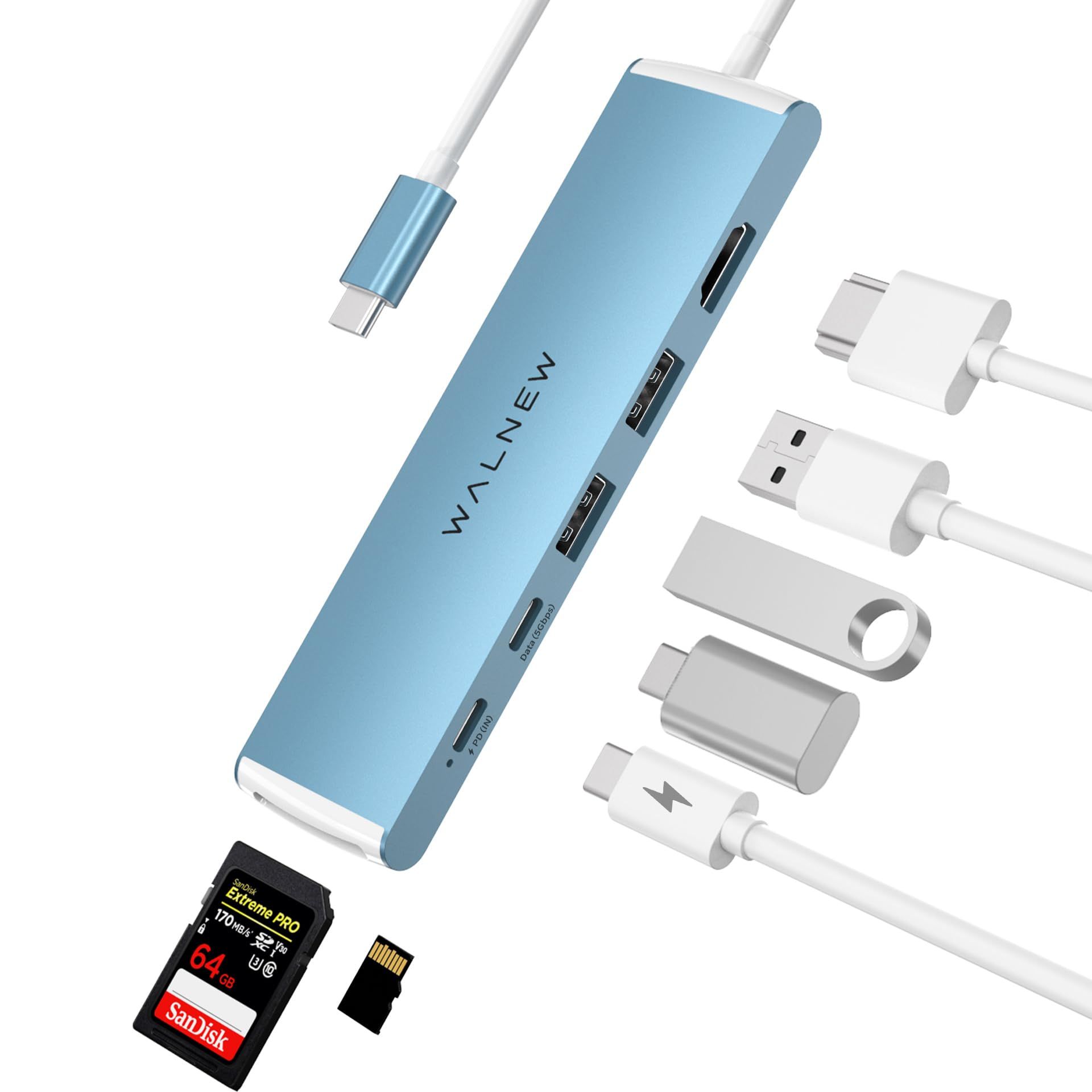 7-in-1 USB-C Hub Multiport Adapter with 4K HDMI, 100W PD Charging, USB-A & USB-C Data Ports, SD/TF Card Reader for Laptops - Blue A302