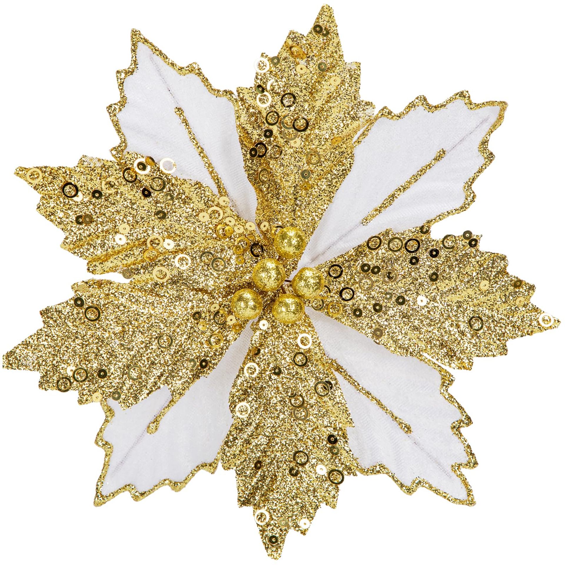 8 PCS Glitter Poinsettia Decorations - 8.3" Artificial Flowers for Xmas Tree, Garland & Wreath, White & Gold