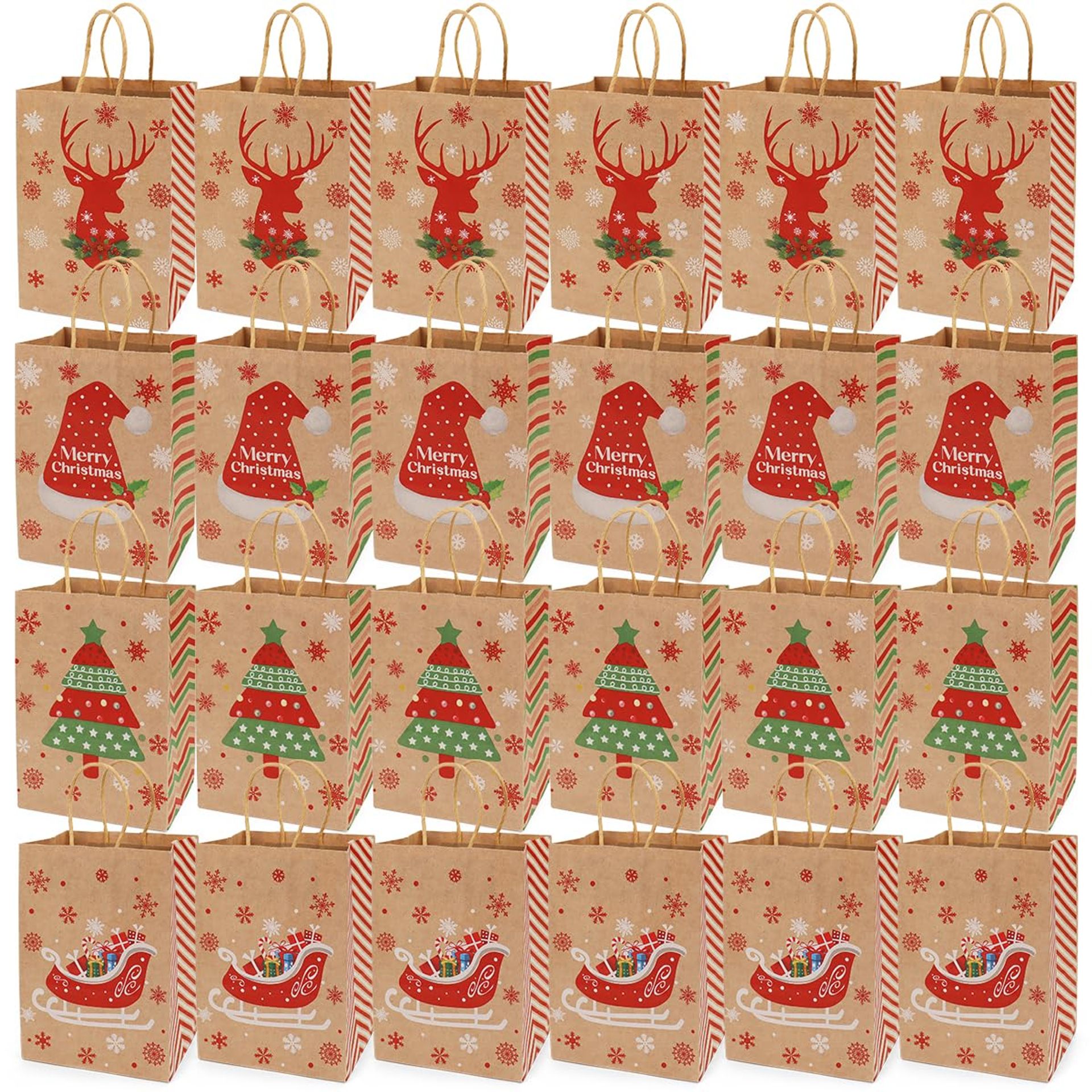 Aviski 24PCS Christmas Bags for Gifts 4 Assorted Styles Bags Xmas Kraft Paper Bags with Handles Christmas Goody Bags with Christmas Prints for Xmas Gift Wrapping Christmas Party Supplies
