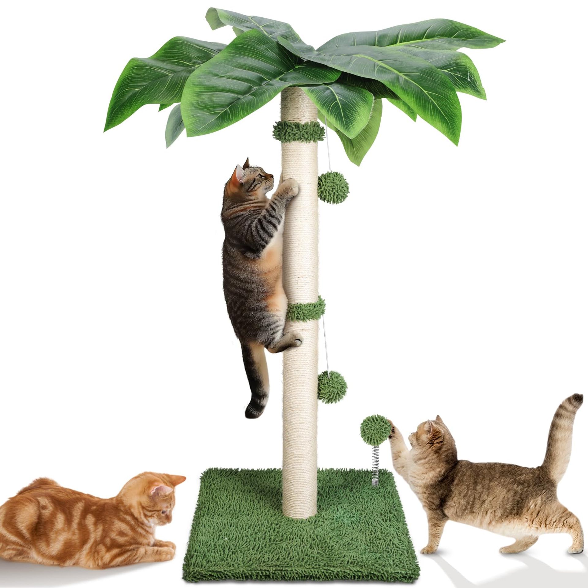 Cat Scratching Post 85cm Vertical Tree with Sisal Rope, Hanging Toys & Spring Ball - Beige + Green