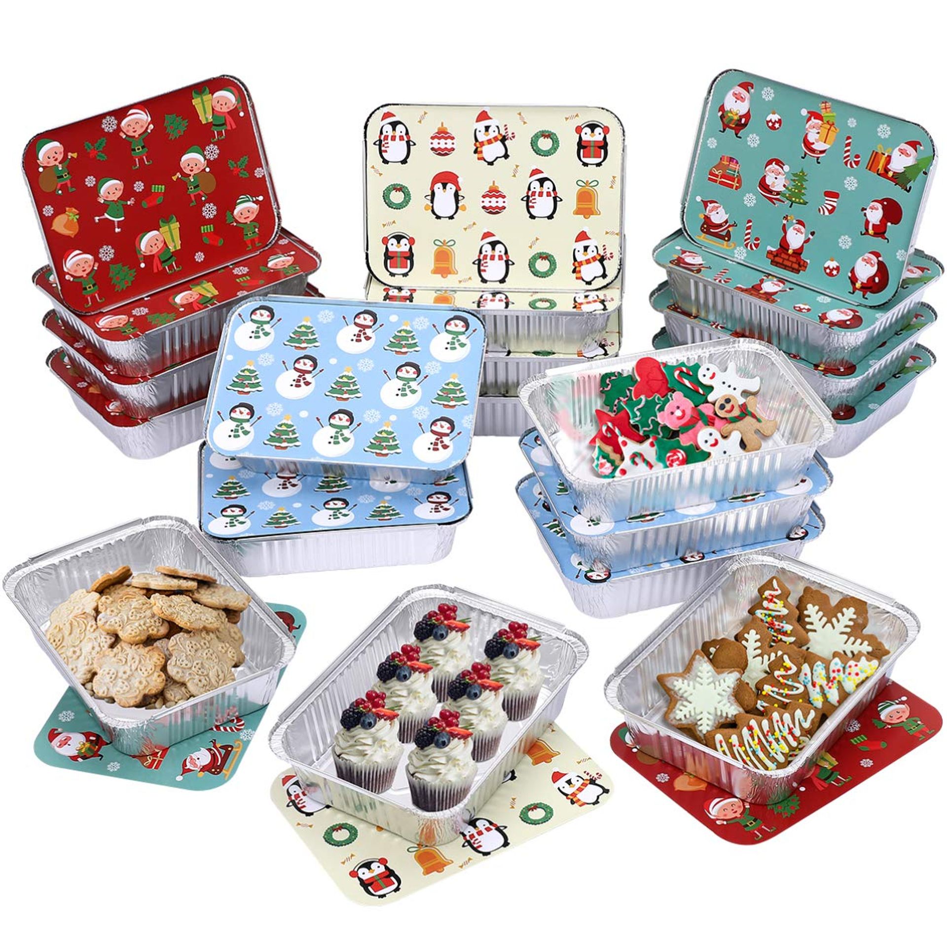 Christmas Disposable Aluminium Foil Trays with Lids - 26x19x6.4cm, 20 Pack - High Temp Resistant