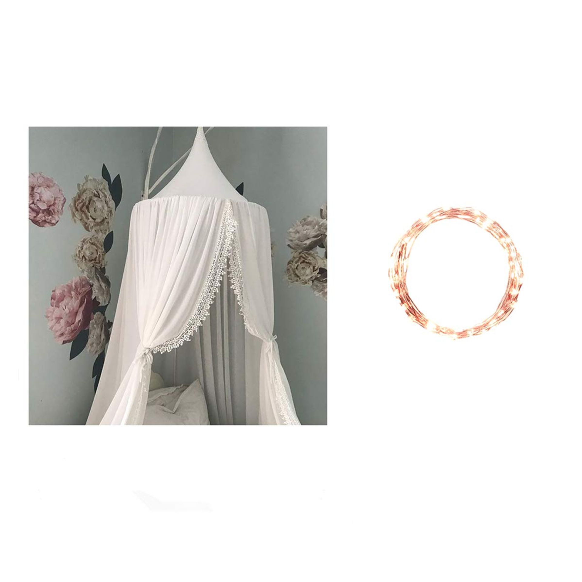 Round Dome Bed Canopy Mosquito Net with Fairy Lights Kids Nursery Décor - White Chiffon 1 Count