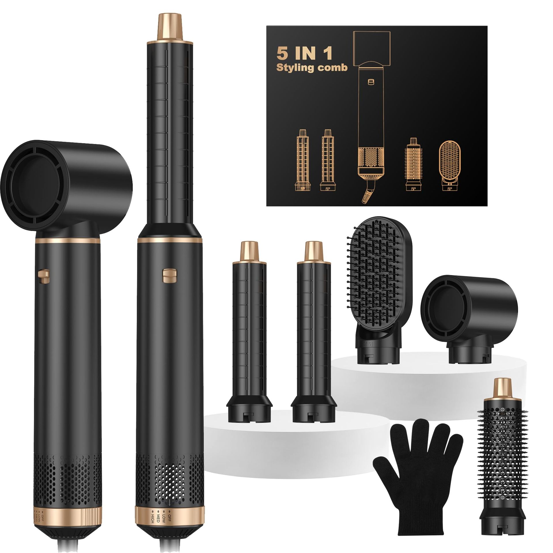 5-in-1 Hot Air Styler Hair Dryer with Curling, Straightening and Styling Brushes - Black2