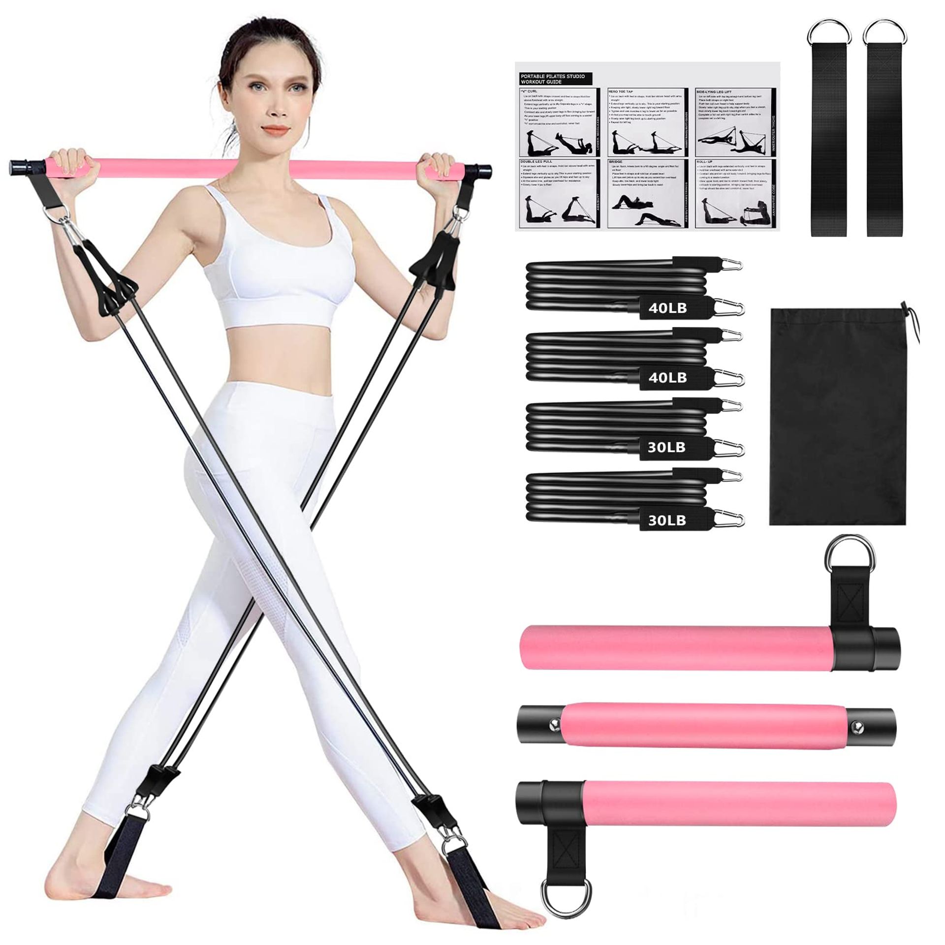 Ensemble de barre de Pilates portable, kit de trainer de suspension de sport, barre d'entraînement élastique multifonctionnelle