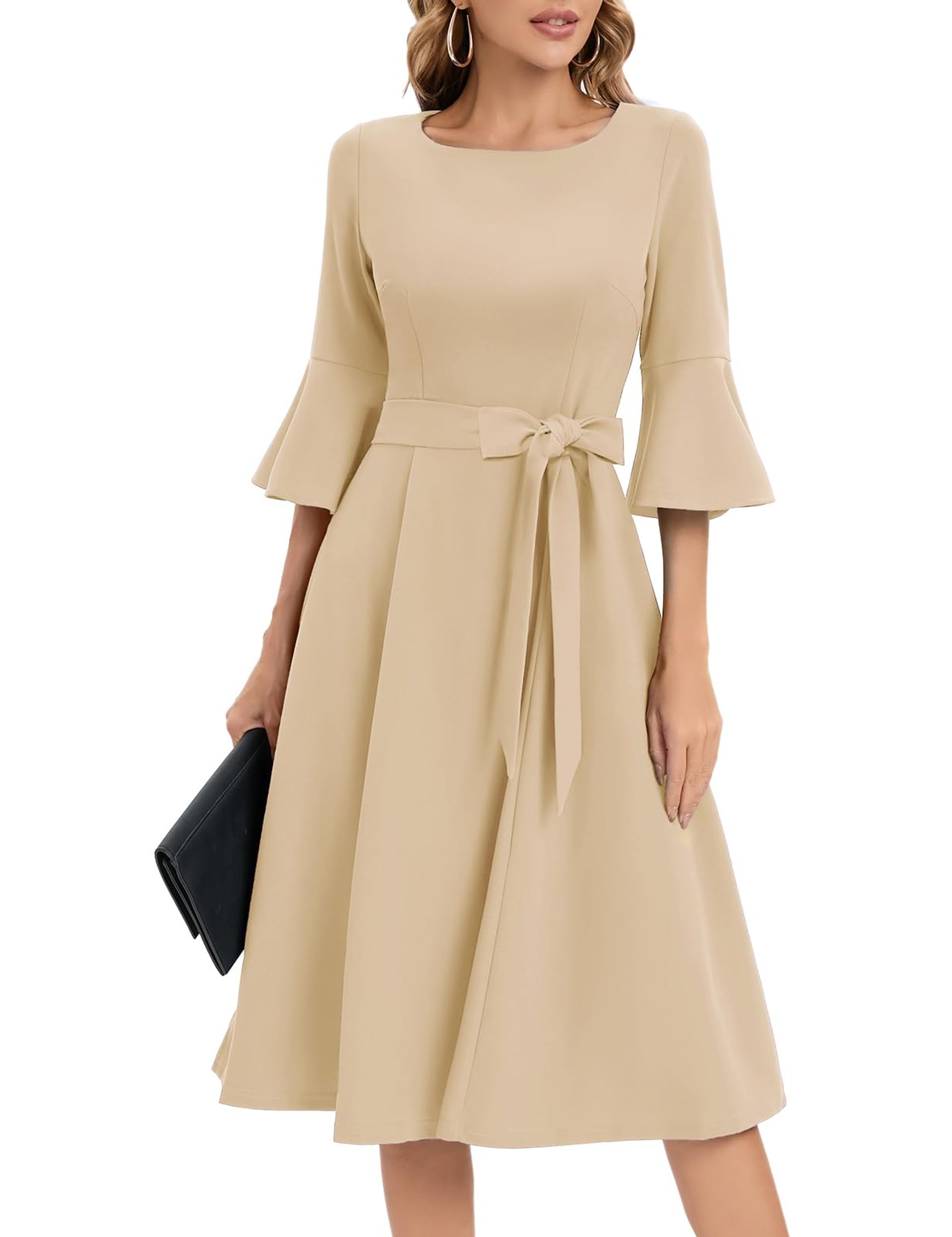 Elegant Women'S A-Line Midi Cocktail Dress With Cape Sleeves - Ideal For