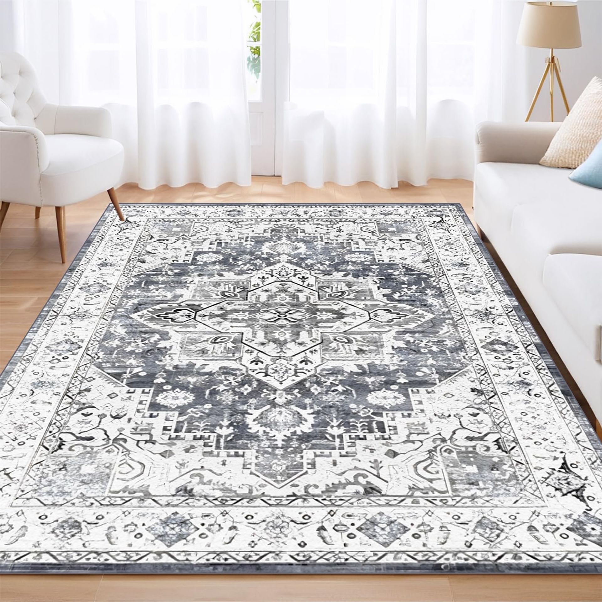 Machine Washable Moroccan Boho Rug 120x160cm - Soft Short Pile Grey Area